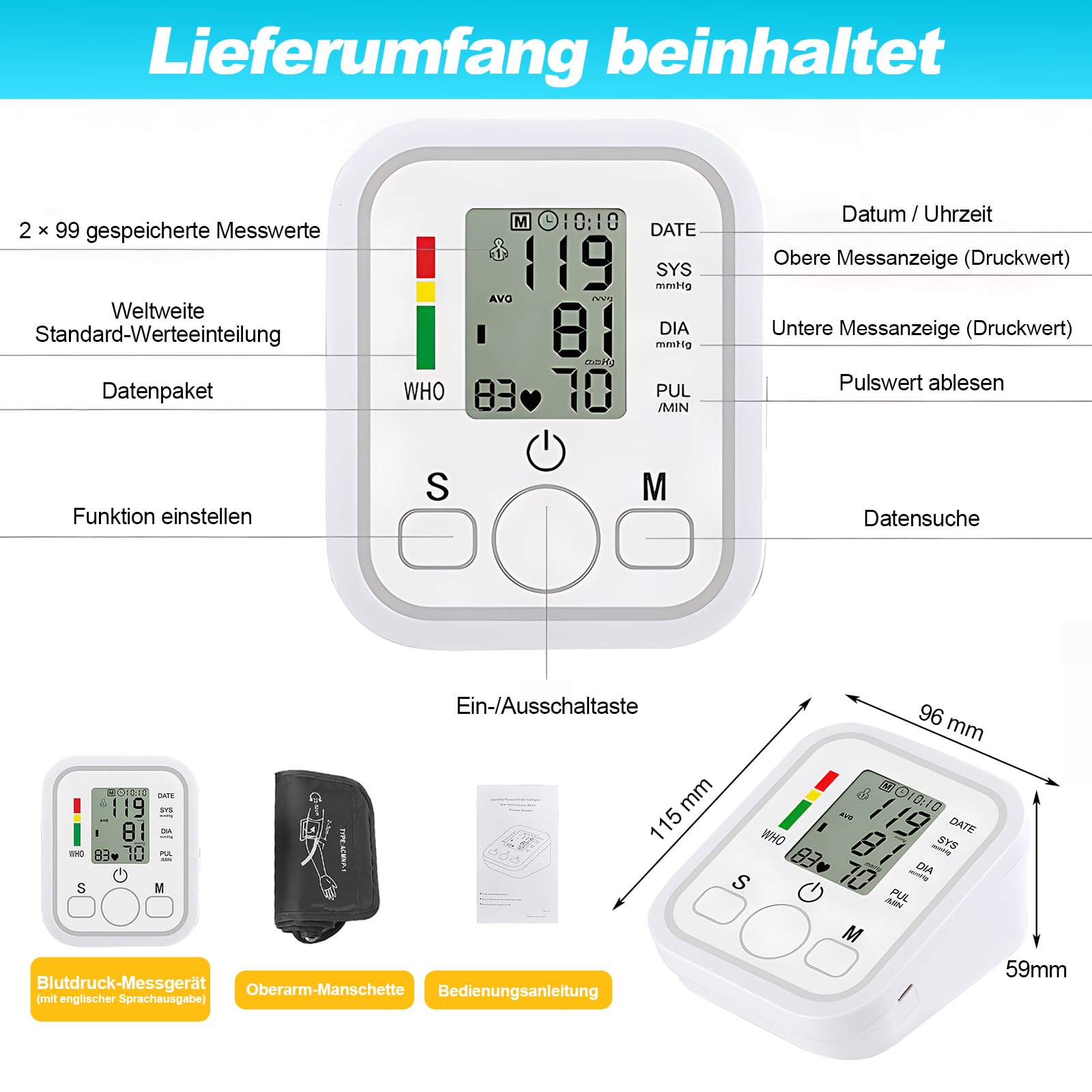 Tensiómetro de muñeca, Tensiómetro Digital, Medidor Tension Arterial Aparato Tension Arterial Medición Precisa Con Gran Pantalla LCD/Memoria (2x99) Regalo para Madres Padres