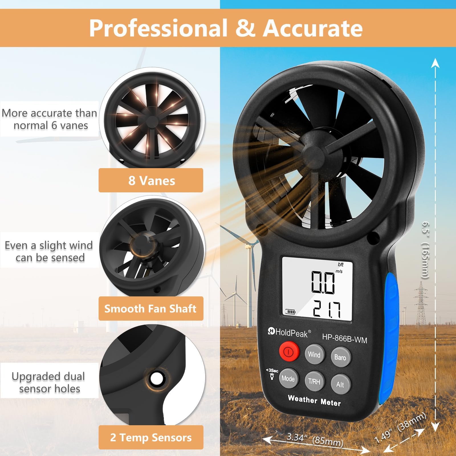 Digitaler Windmesser Anemometer Handheld für Windgeschwindigkeit Temperatur Feuchtigkeit Drohnenflug HVAC
