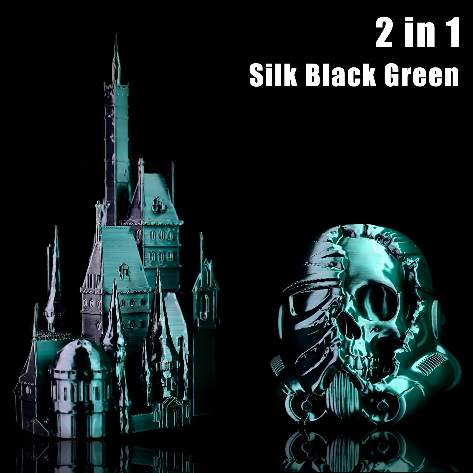 Filamento PLA de 1.75 mm, filamento de impresora 3D de ácido poliláctico sedoso, filamento de doble color, negro y verde, coextrusión 2 en 1, filamento PLA de 1.75 mm +/-0.02 mm, 1 kg