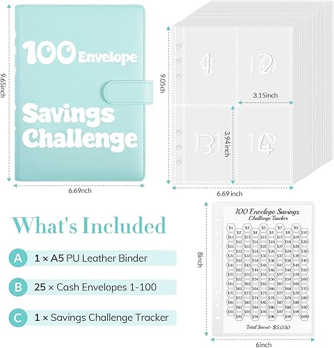 Miniatura 2 de Carpeta de desafío de ahorro de dinero de 100 sobres, carpeta de ahorro A5 con sobres de efectivo, carpeta de presupuesto para planificación y