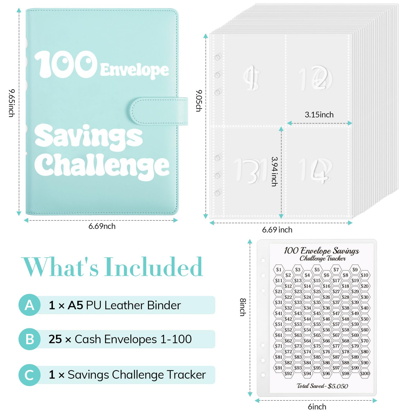 Produktbild von 100-Envelope-Challenge Binder – Geldsparordner Mit 100 Umschlagplätzen, Budgetplaner Für Erwachsene & Kinder, Sparchallenge Für Paare, 18x24x4 Cm, Rosa/Grün