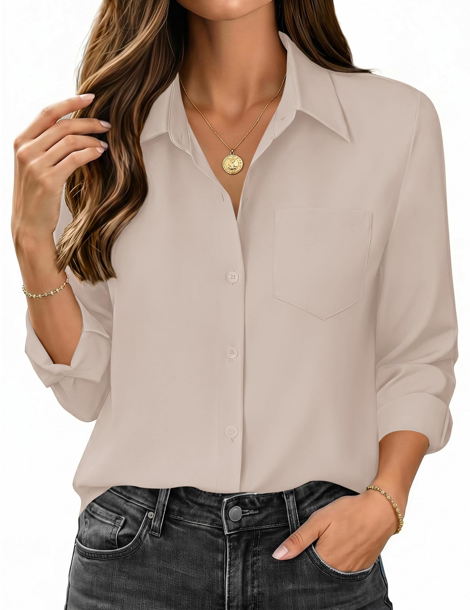 Womens Button Down Shirt Long Sleeve Work Blouse