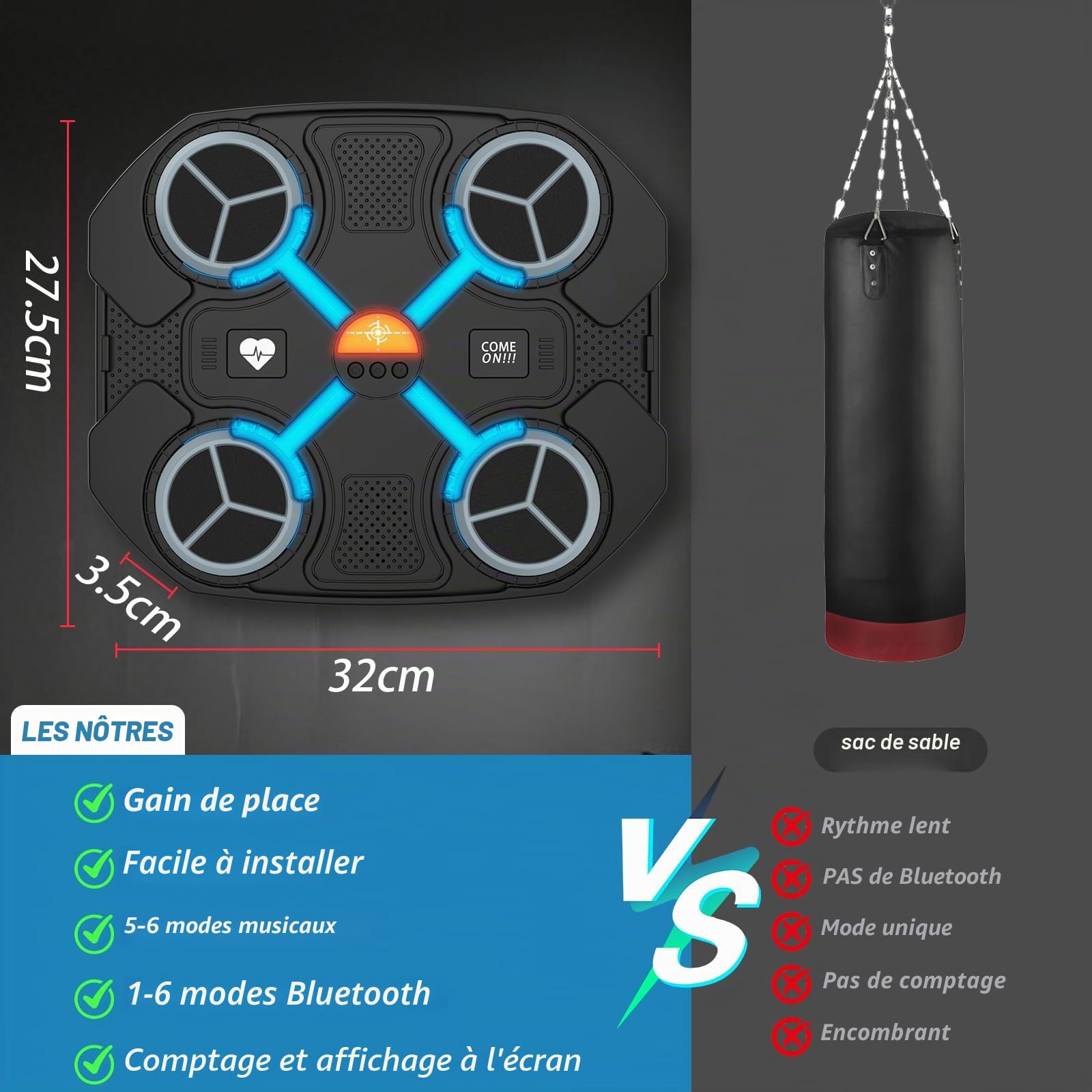 Machine de boxe musicale intelligente Bluetooth, cible de boxe intelligente murale, chargement USB, équipement d'entraînement de boxe, cadeaux pour enfants et adultes