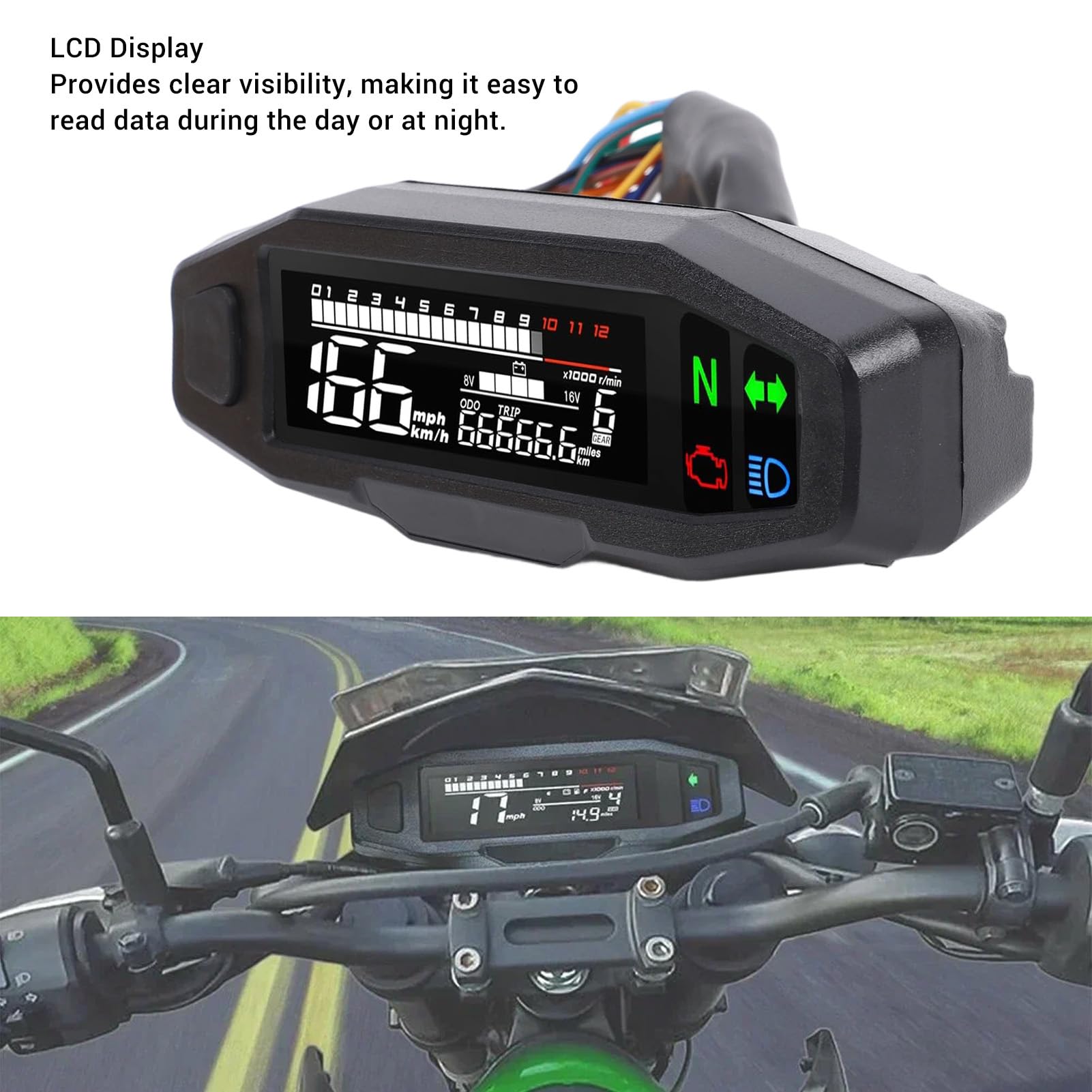Velocímetro de motocicleta 6 marchas 12000 RPM, odómetro LCD universal MPH Km/h