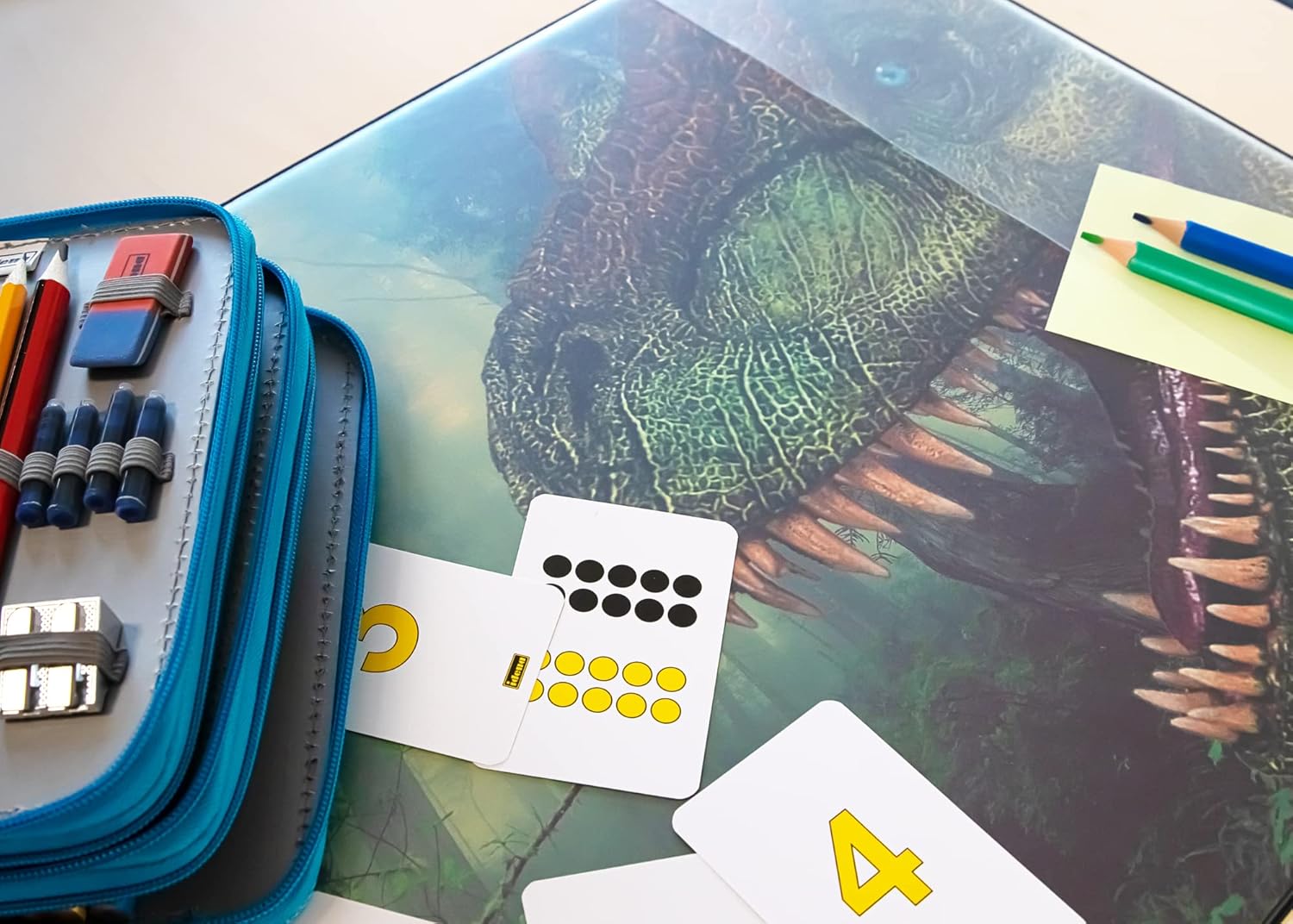 Idena 10452 Desk Mat with Two Pockets, Dinosaur, Approx. 58.5 x 38.5 cm, Practical Accessory for Children, Teenagers and Study