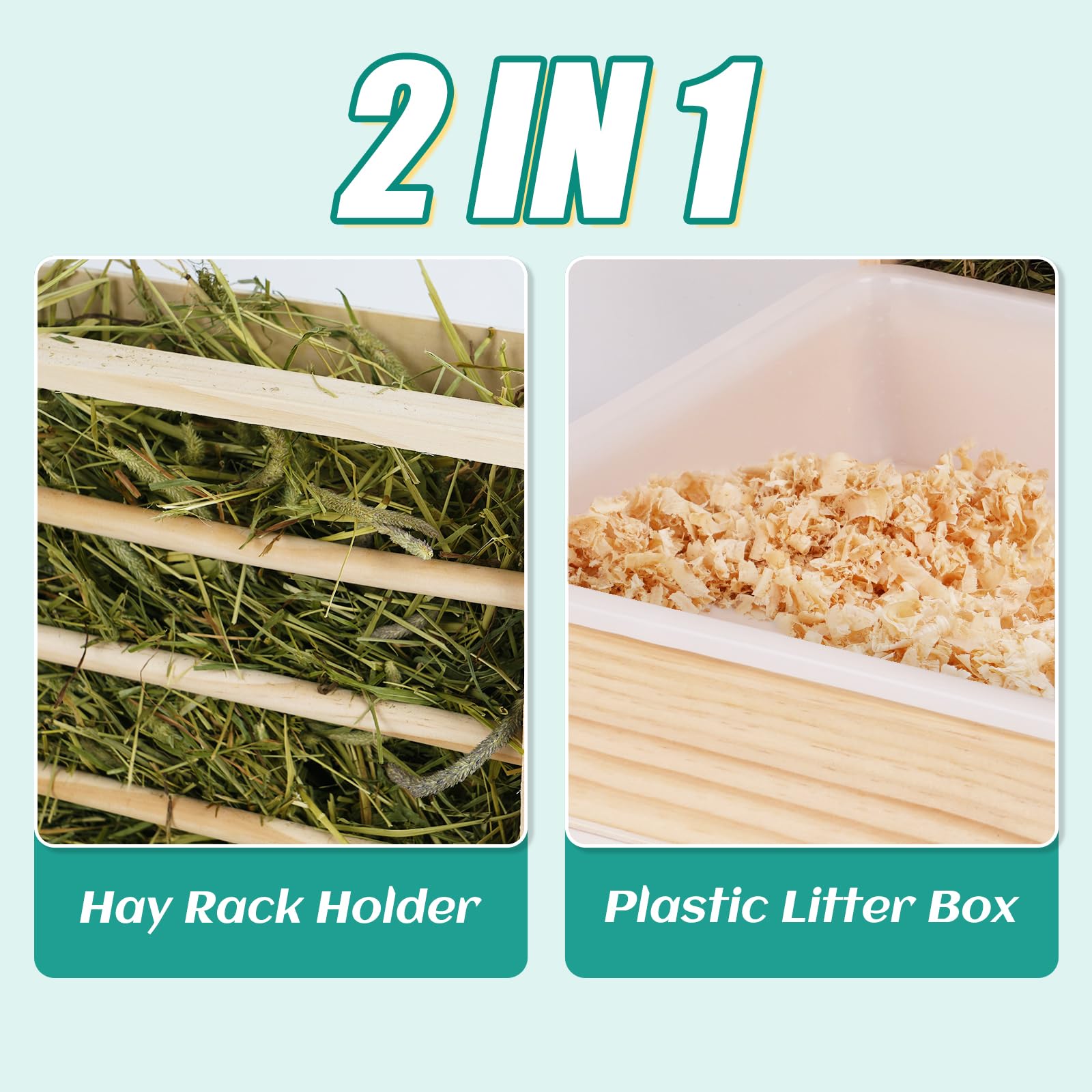 2 in 1 Heuraufe Kaninchen Holz Futterspender Heu Kaninchen mit Katzentoilette für Hamster Hölzerner Hasenfutterautomat Heuhaltergestell für kleine Haustiere