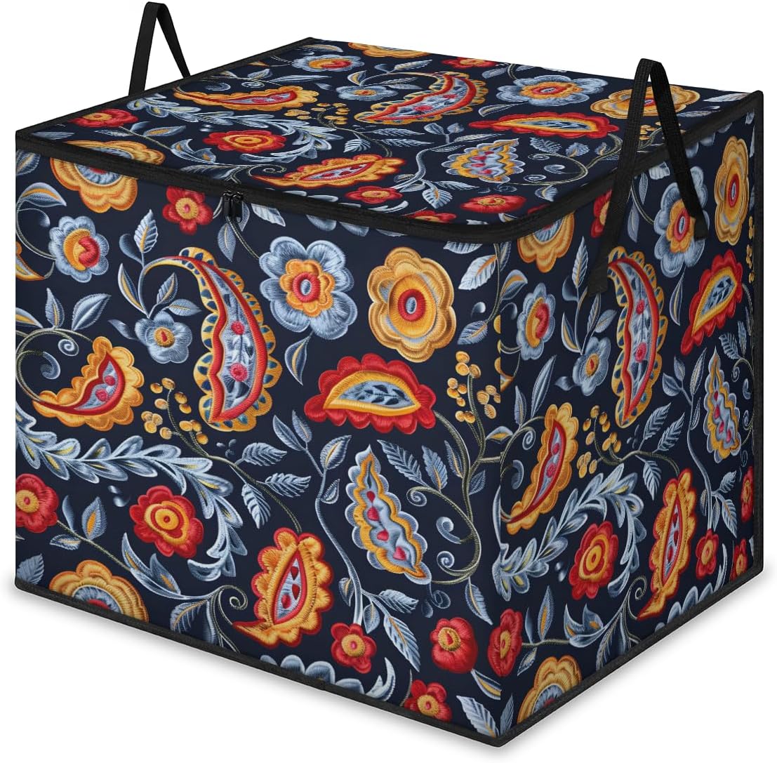 Colorful Flowers Extra Large Blanket Storage Bag, Foldable Closet Organizer with Reinforced Handles, Lightweight Fabric Storage Container for Comforter Bedding Pillow Sheet