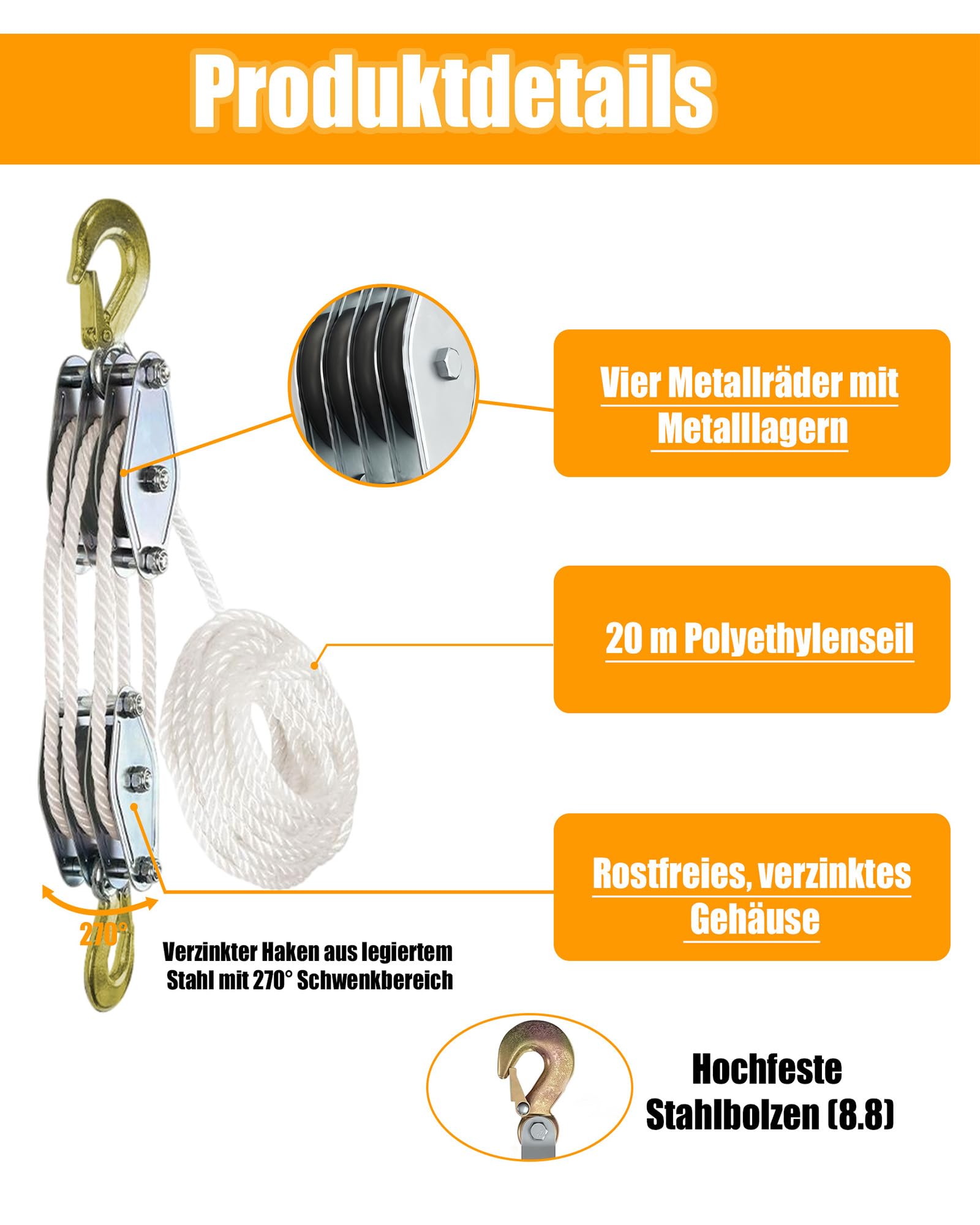 Schwerlast Flaschenzug mit 20m Nylon: Flaschenzug 4400 LB Tragkraft Manuelle Hubseile 8:1 Arbeitssparender Flaschenzug Hochleistungs-Seilzug für Garagen Lagerhallen (1, silber)
