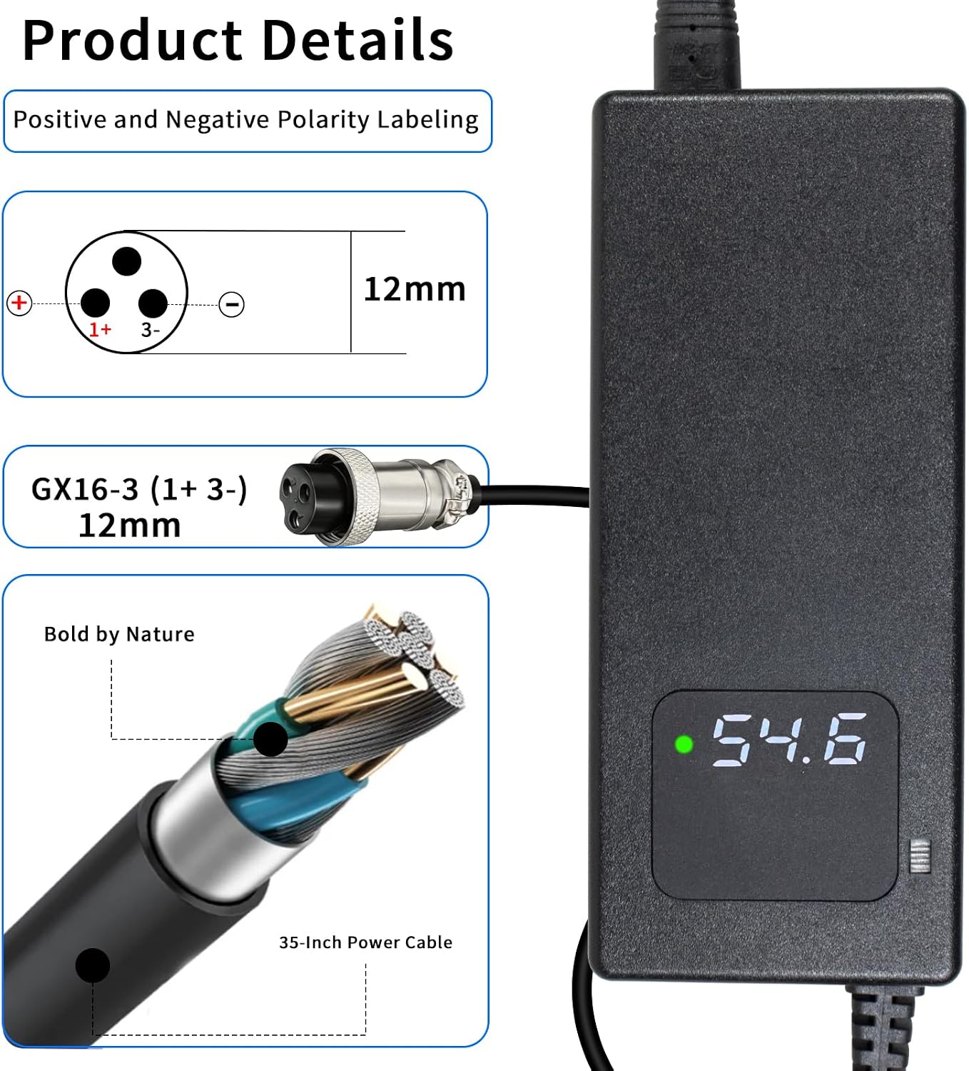 54.6V 2A Battery Charger GX16-3 Connector for 48V Lithium Batteries，Compatible with Evercross H5/ Vsett 8, 8+, 9+(NOT for 9)/ JOYOR S5, G5, Y7-S/for KAABO Mantis 8, 8 Pro/Zero 8, 9