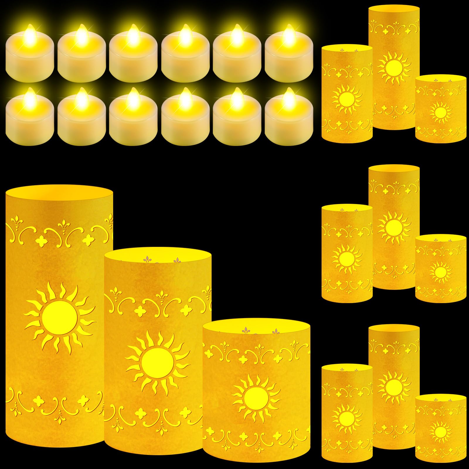 Lot de 12 lanternes solaires de princesse pour table - 3 tailles - Lanternes en papier doré avec bougies chauffe-plat pour soleil, anniversaire, fête prénatale, fête de mariage