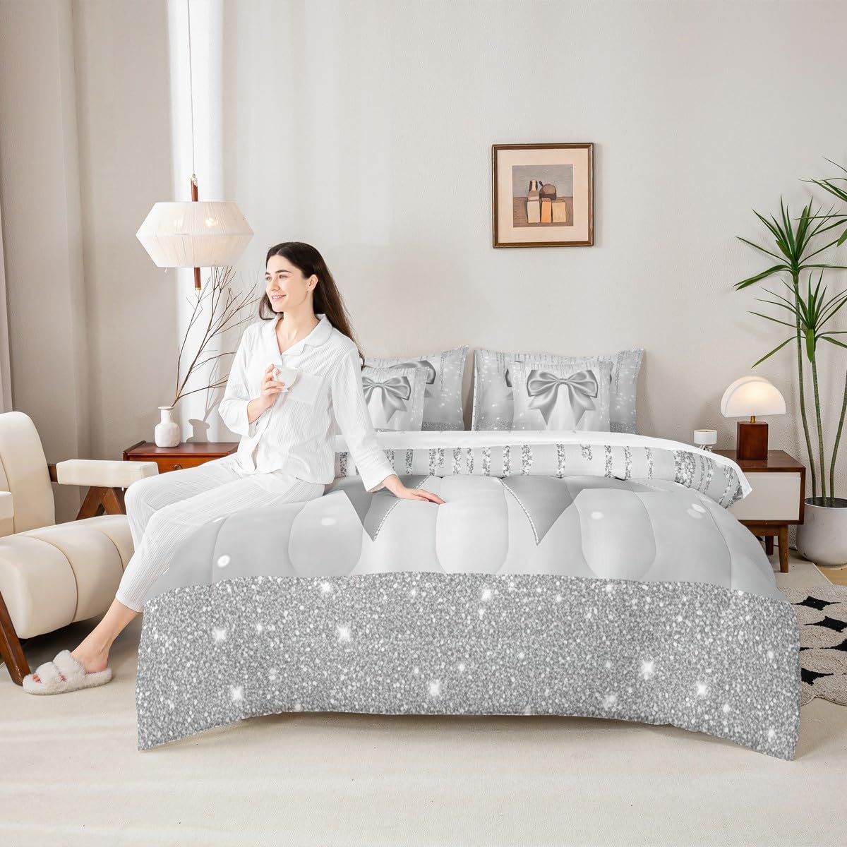 Feelyou Bowknot Comforter Set King Size 7 Pieces Dreamy Princess Bedding Set for Kids Boys Girls Glitter Bed in a Bag with Comforter, Sheets, Pillowcases, Cushion Covers Cute Bow Quilted Soft