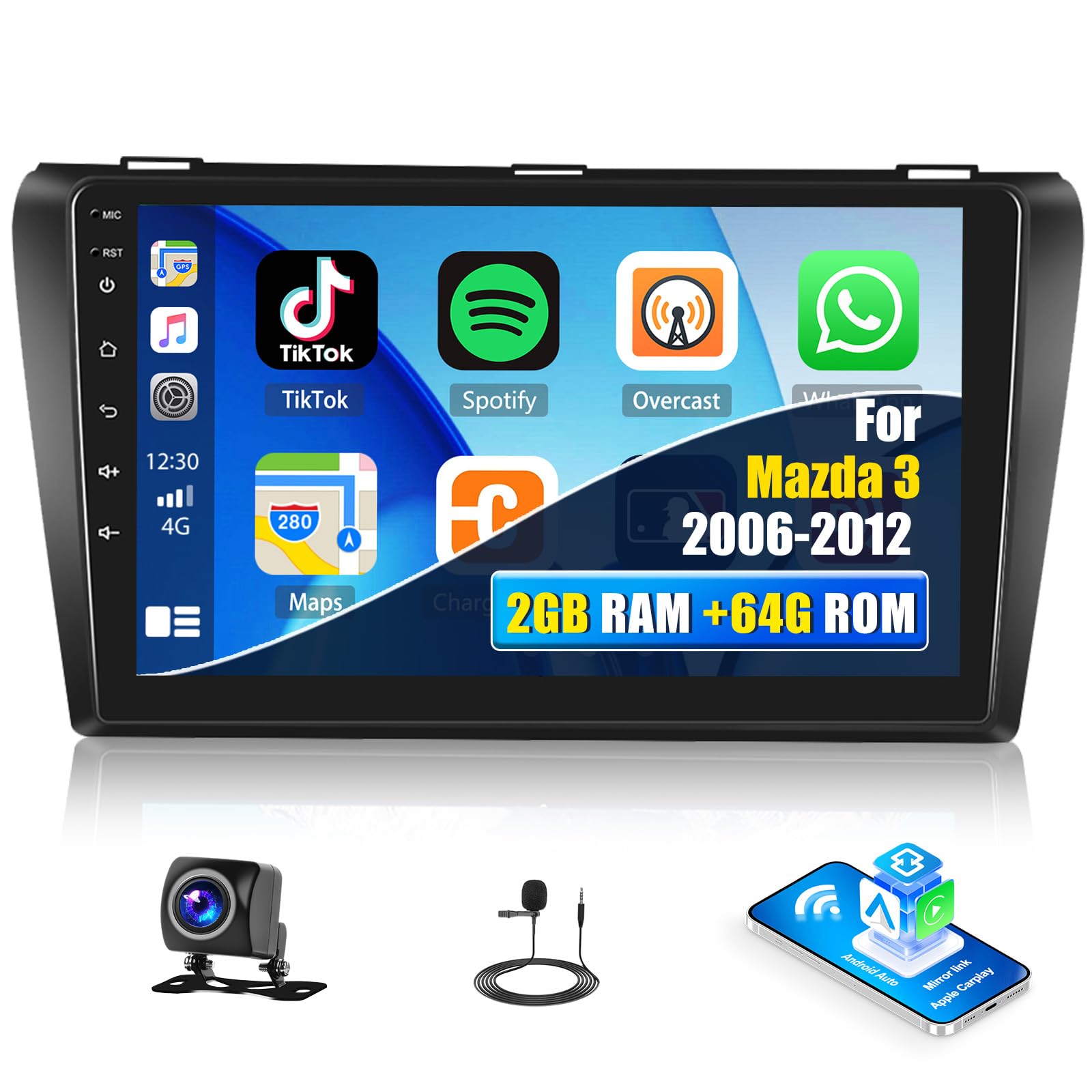 2+64G Android Car Stereo for Mazda 3 2004-2009 Upgrade Radio with Apple Carplay Android Auto 9 inch Touch Screen Bluetooth GPS Navigation Mirror Link FM RDS WiFi SWC EQ AHD Camera & MIC