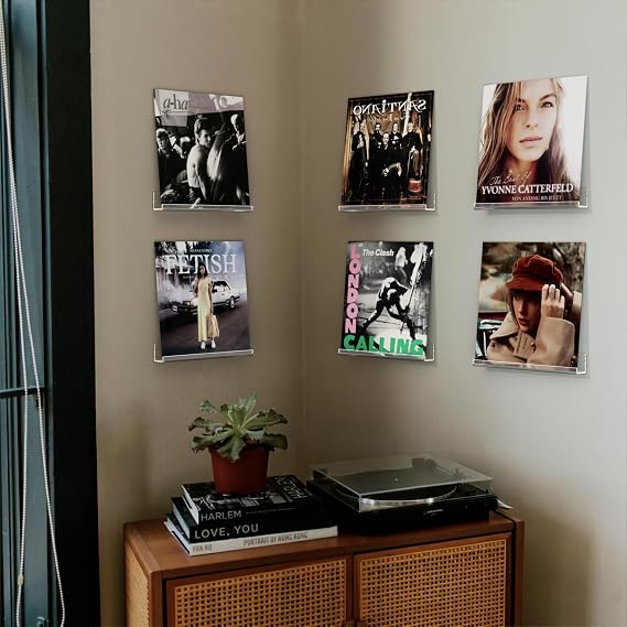 AITEE Vinyl Record Shelf Wall Mount: 6 Pack Acrylic Clear Floating Vnyl Shelves for Album LP Storage & Display, Easy Install Vinyl Record Wall for Home Office
