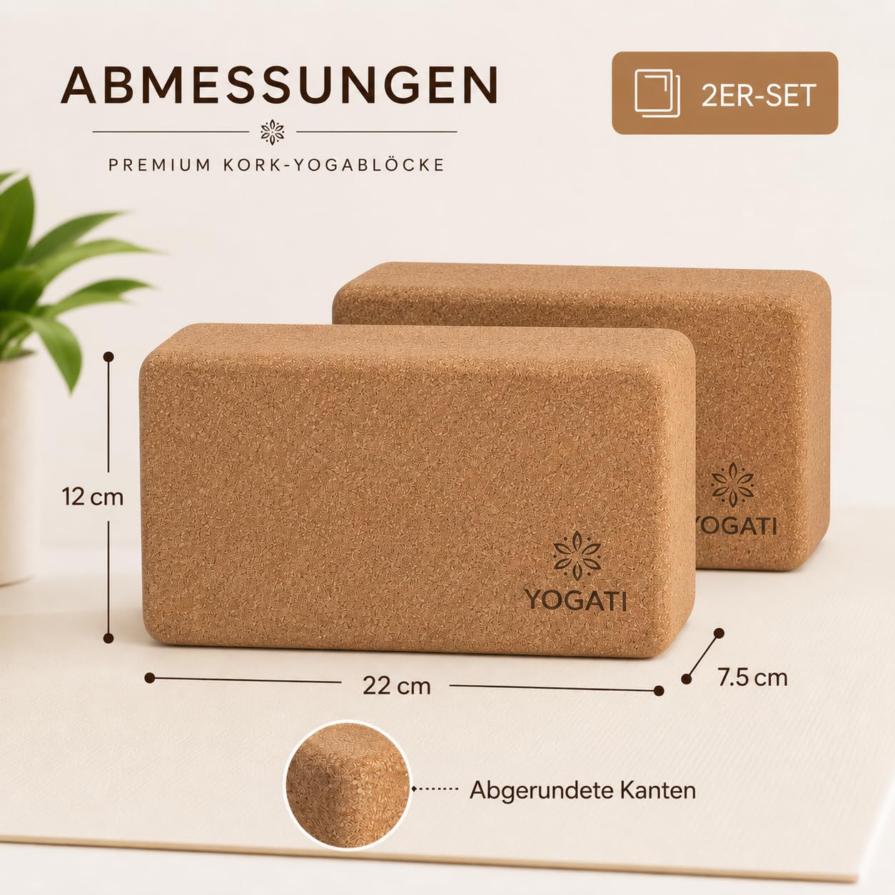 YOGATI® Kork Yoga Block 2er Set | Umweltfreundlicher Yoga Stützblock | Nachhaltiges Naturkorkmaterial | Ideal für Anfänger, Dehnübungen und Beweglichkeitstraining | Cork Yoga Blocks set of 2