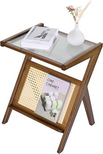 Miniatura 9 de WOOW DEPOT Mesa auxiliar de ratán en forma de Z única con revistero, mesa auxiliar de madera con parte superior de cristal, mesita de noche bohemia