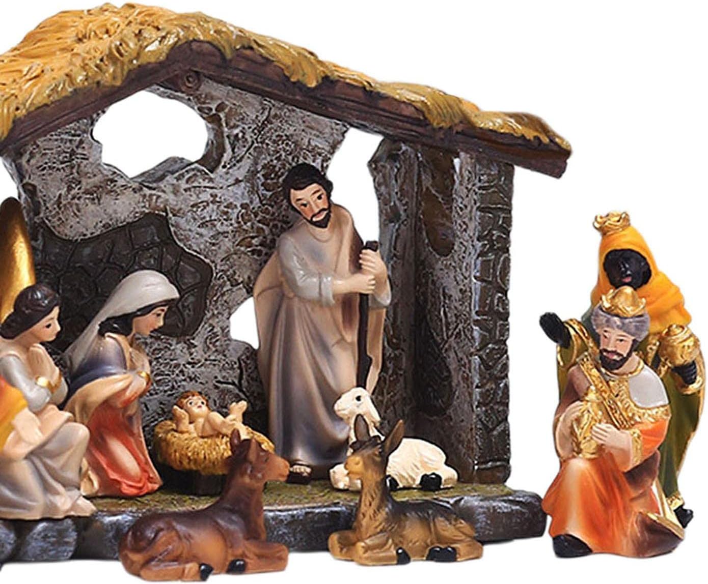 11Pcs Resin Nativity Figurines Set Christmas Ornaments Gifts Xmas Tabletop Scenes Figures Set Collectibles Countertop Statue Miniatures, C