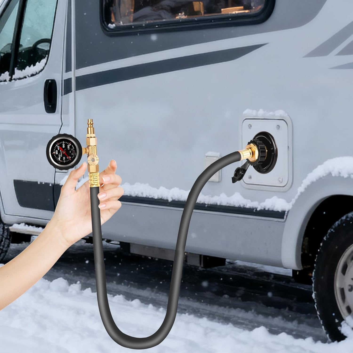 New RV Winterizing Kit with Oil Pressure Gauge 60 inch Compressor Sprinkler Water Blow Out Winterization Hose Winterize Adapter Plug for Camper, Boat, Travel Trailer,Motorhome,Garden Faucet