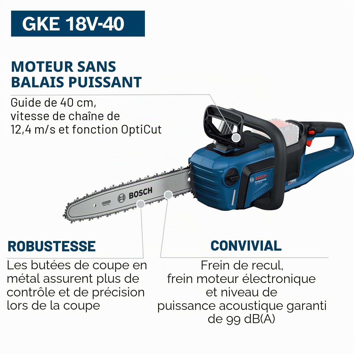Bosch Professional 18V System tronçonneuse à chaîne GKE 18V-40 (guide-chaîne de 40 cm, moteur sans charbons à technologie BITURBO, avec clé intégrée en T, couvre-chaîne, sans batterie)