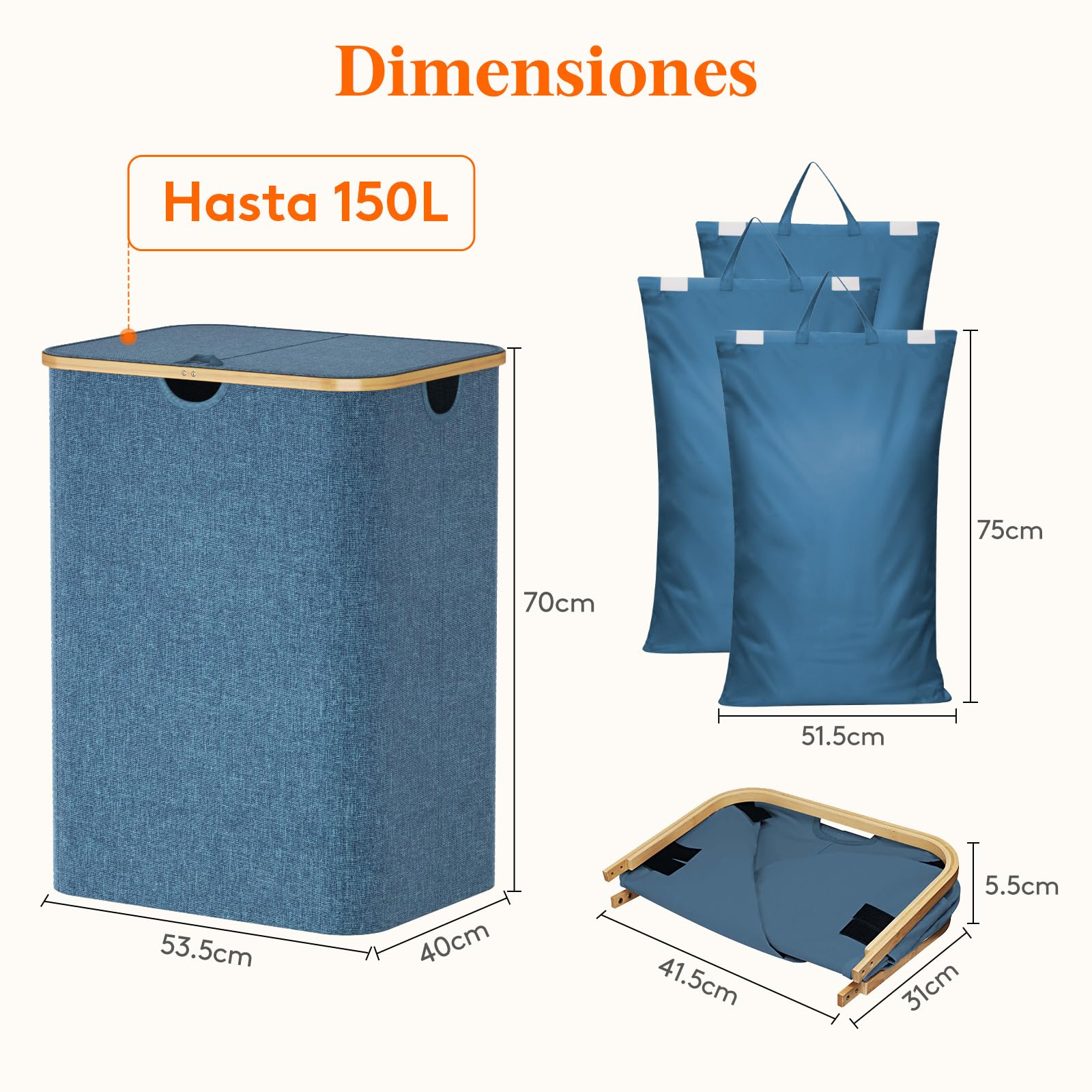 Lifewit 150L Cesto Ropa sucia con Tapa, Grande Cesto para la Ropa sucia, Cubo ropa sucia, 3 Compartimentos, clasificador de Ropa con Asas de bambú y 3 Bolsas para la colada extraíbles, Azul