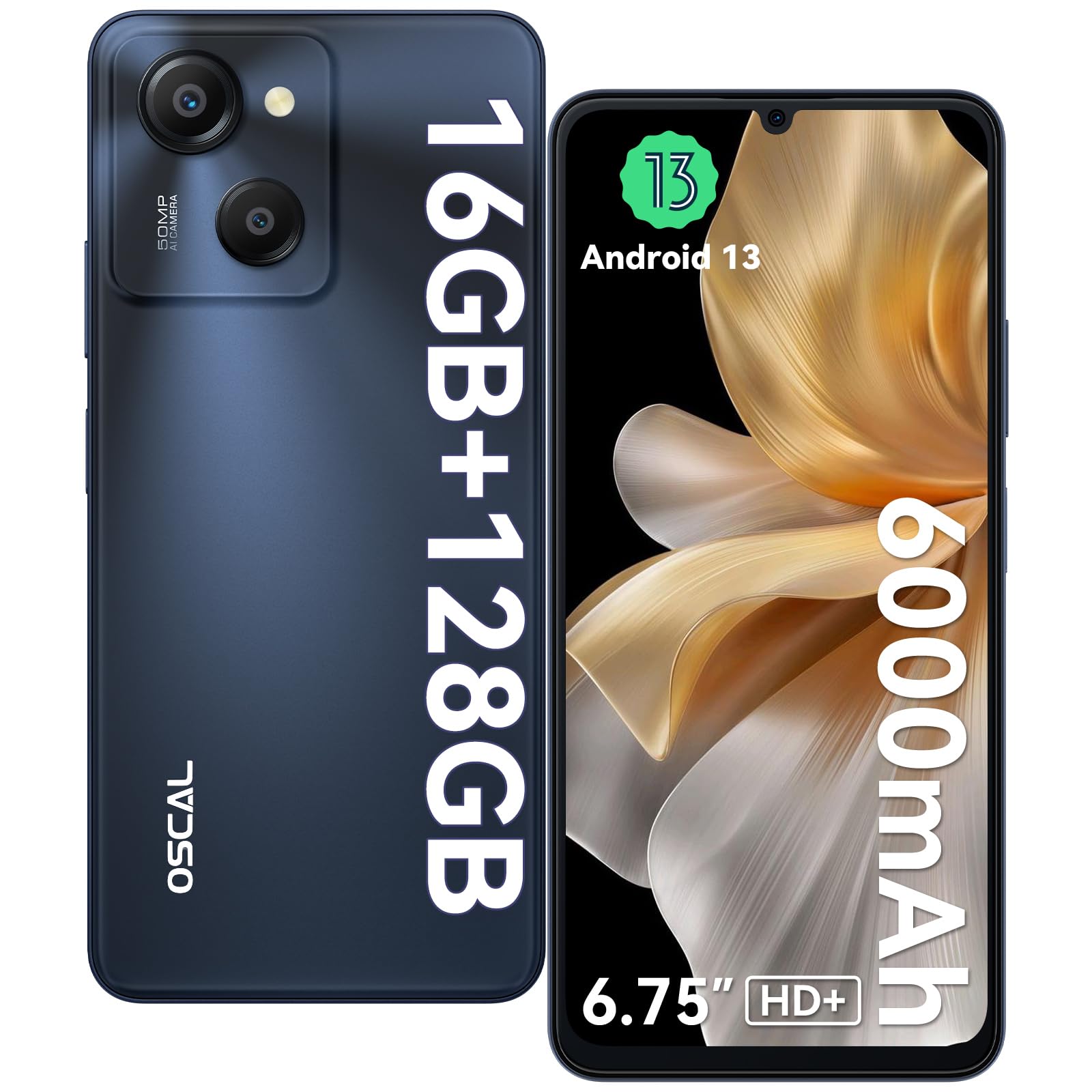 OSCAL Modern 8 Smartphone 16GB+128GB/1TB-TF, Octa-Core, 50MP+8MP, 6.75" HD+/90Hz, 6000mAh, Android 13 Telefono Cellulare, 4G Dual SIM Smartphone Offerta 3 Slot/Fingerprint/Face ID/OTG/GPS Grigio