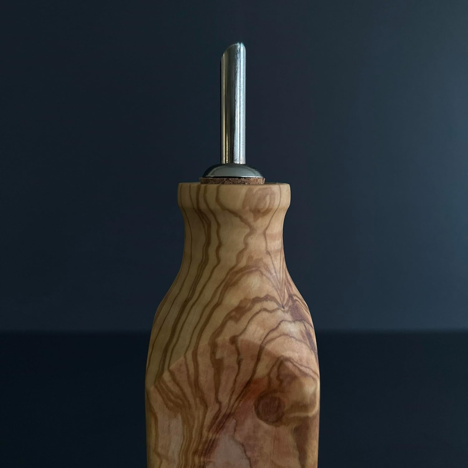 Handcrafted Olive Wood Olive Oil Bottle - 250 ml (8.45 oz) Wooden Decanter with Metal Spout and Cork Stopper - Premium Glass Interior - Ideal for Storing, Pouring, and Gifting