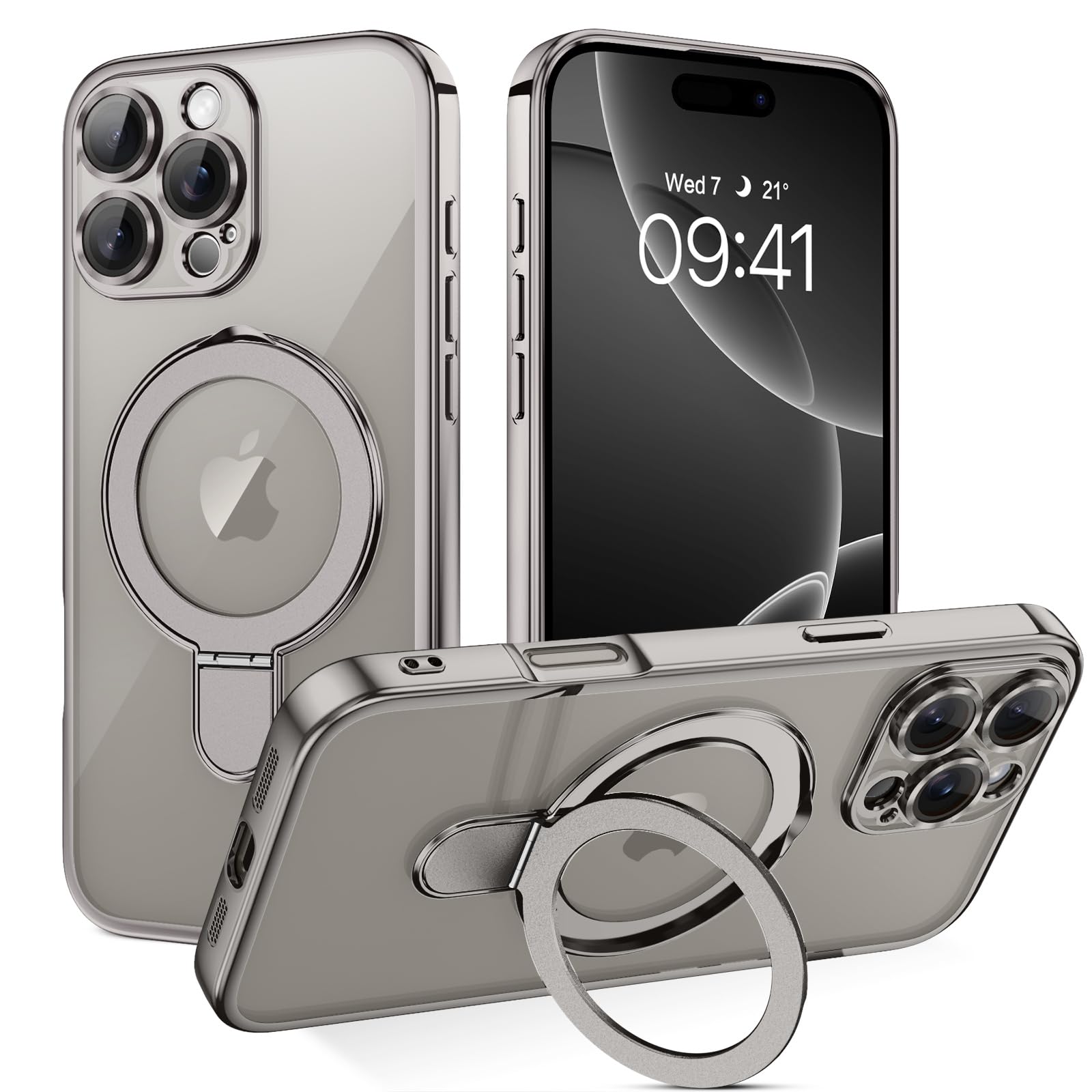 DOMAVER Case for iPhone 16 Pro Max Compatible with Mag Safe,Invisible Ring Stand Magnetic Case Clear Back Plating Edge Shockproof Protective Case for iPhone 16 Pro Max 6.9",Grey