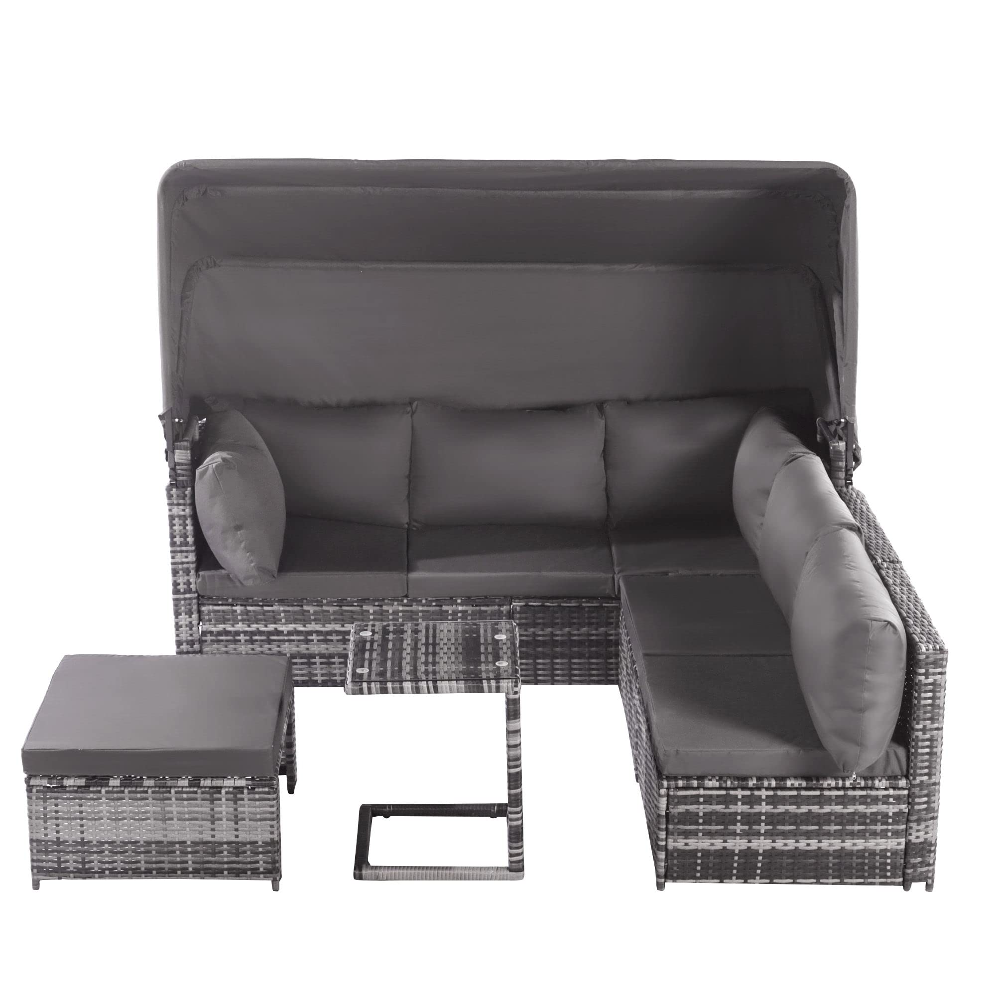Set di sedie da giardino in rattan, divano con tettuccio parasole, sgabello, poltrone e tavolo, mobili da giardino per esterni, mobili da giardino, balcone e giardino, mobili da terrazza