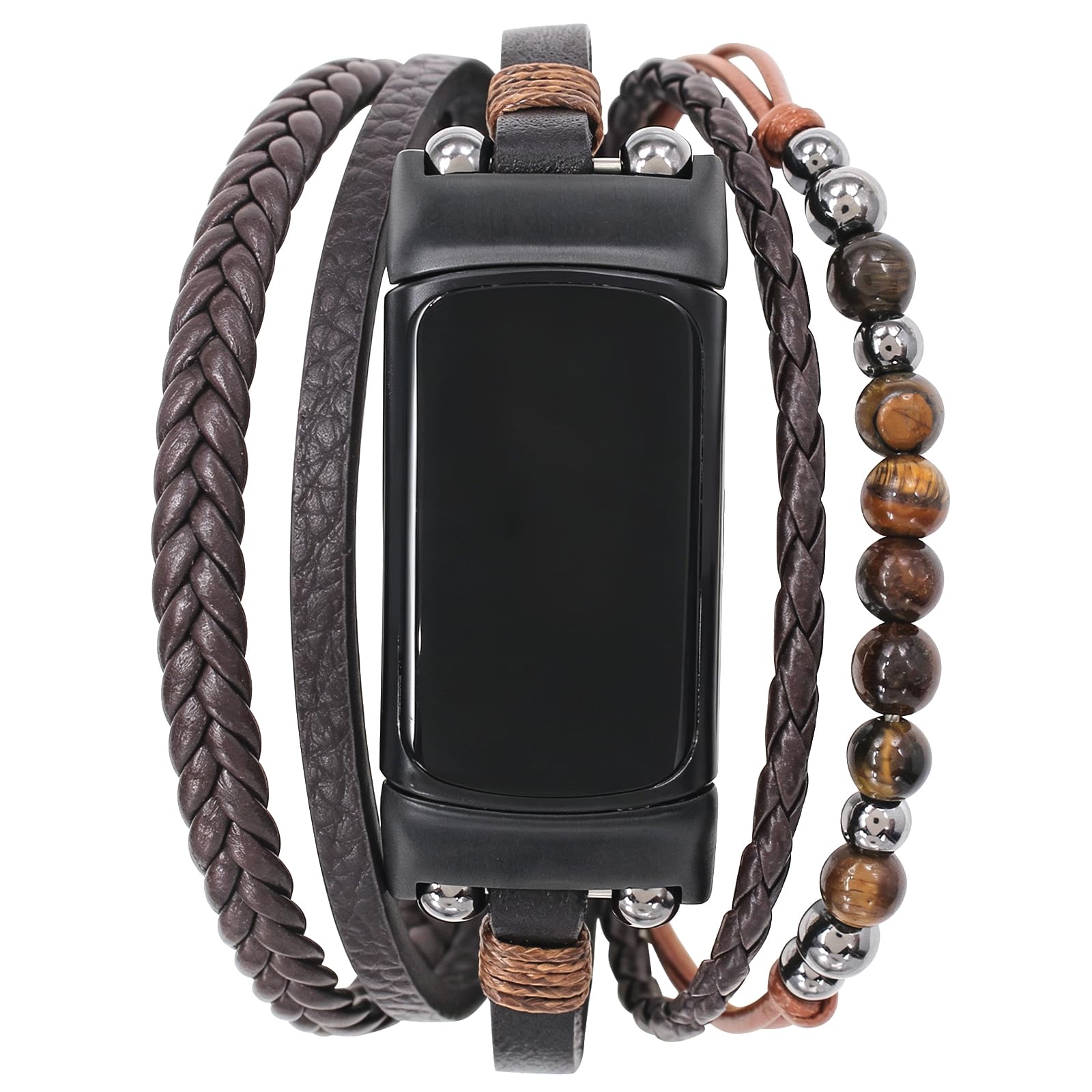 YOSWAN Boho Bracelet Compatible with Fitbit Charge 6 Bands/Charge 5 Bands for Women Men, Dressy Beaded Handmade Multilayer Wrap Leather Strap for Fitbit Charge 5/6 Watch (Beaded Dark Brown) — image 1