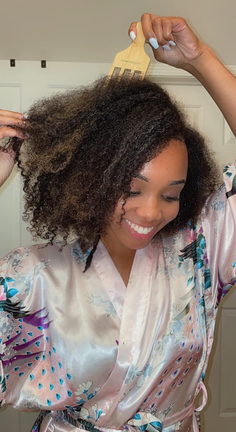 GranNaturals Wide-Toothed 4-Prong Comb for Fluffing, Styling, and Detangling Curly and Wavy Hairstyles - Wooden Hair Pick for African American Hair