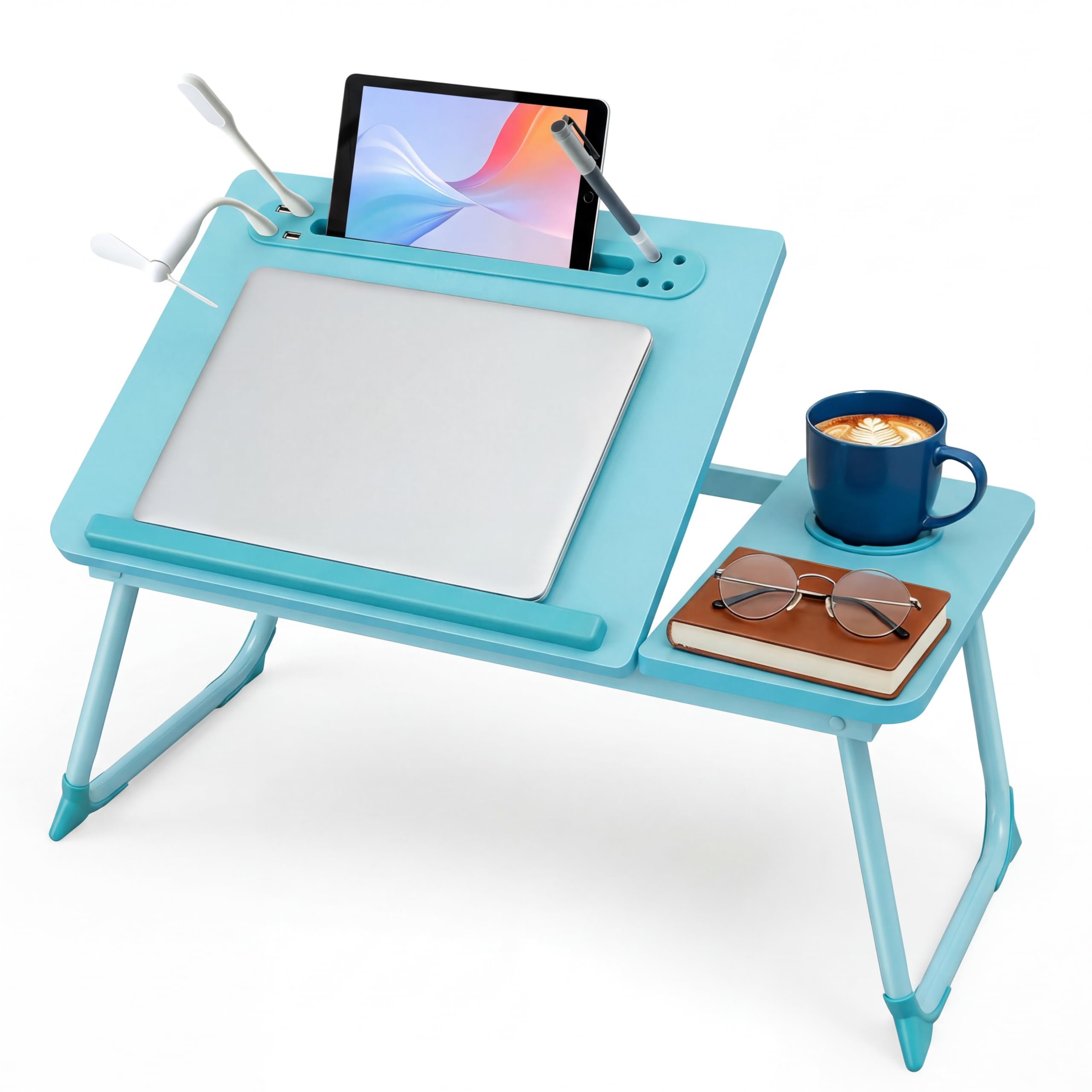 Warmiehomy Laptop Table with USB Ports, Adjustable Angles Bed Table with Cup Holder&Tablet Slot&Pen Slots, Laptop Desk with Legs on Bed or Sofa for Working/Reading, Blue