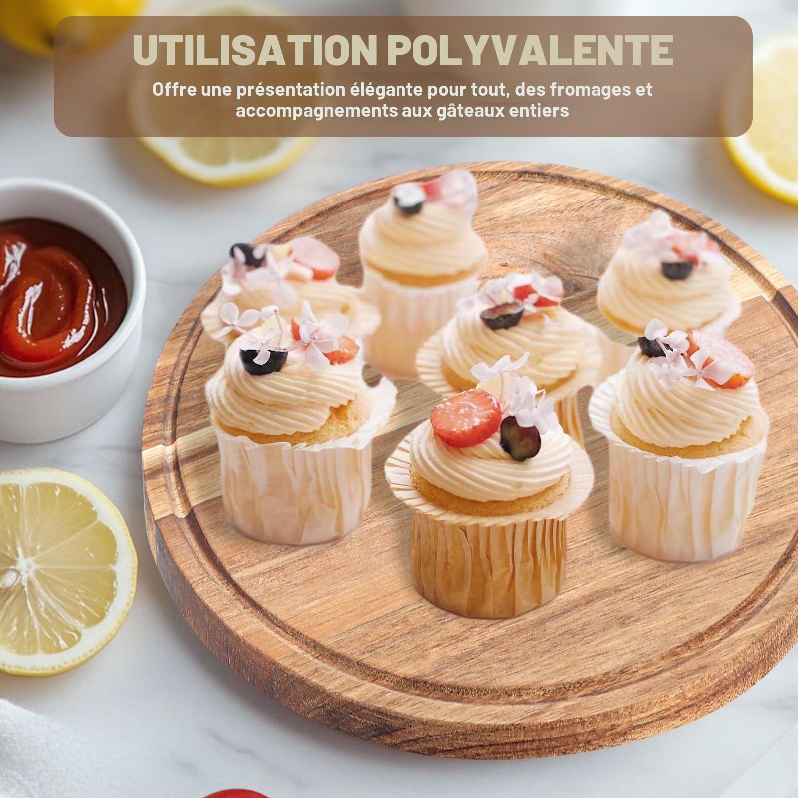 Plateau Tournant Patisserie en Bois D'acacia avec Cloche, Presentoir A Gateau 29,5 x 24 cm, Plateau Gateau Rond avec Couvercle pour Dessert Buffet