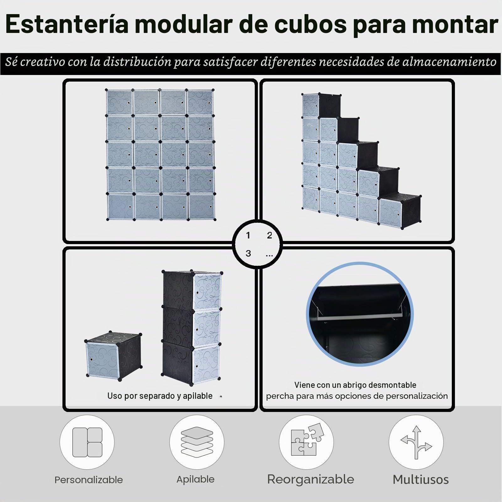 HOMASIS Armario Modular de 20 Cubos con Puerta, Estantería apilable DIY de plástico, Estantería enchufable con Conectores y Martillo de Metal para Ropa, Zapatos, Juguetes, Libros, 140x45x175cm, Negro