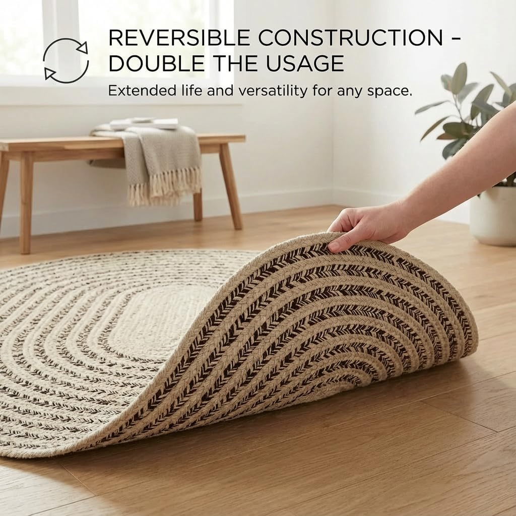 Cotton Braided Rug - 2' X 3' Beige and Brown Oval Woven Farmhouse Rug for Bathroom - Braided Minimalist Rugs for Kitchen - Rustic Primitive Rugs for Entryway