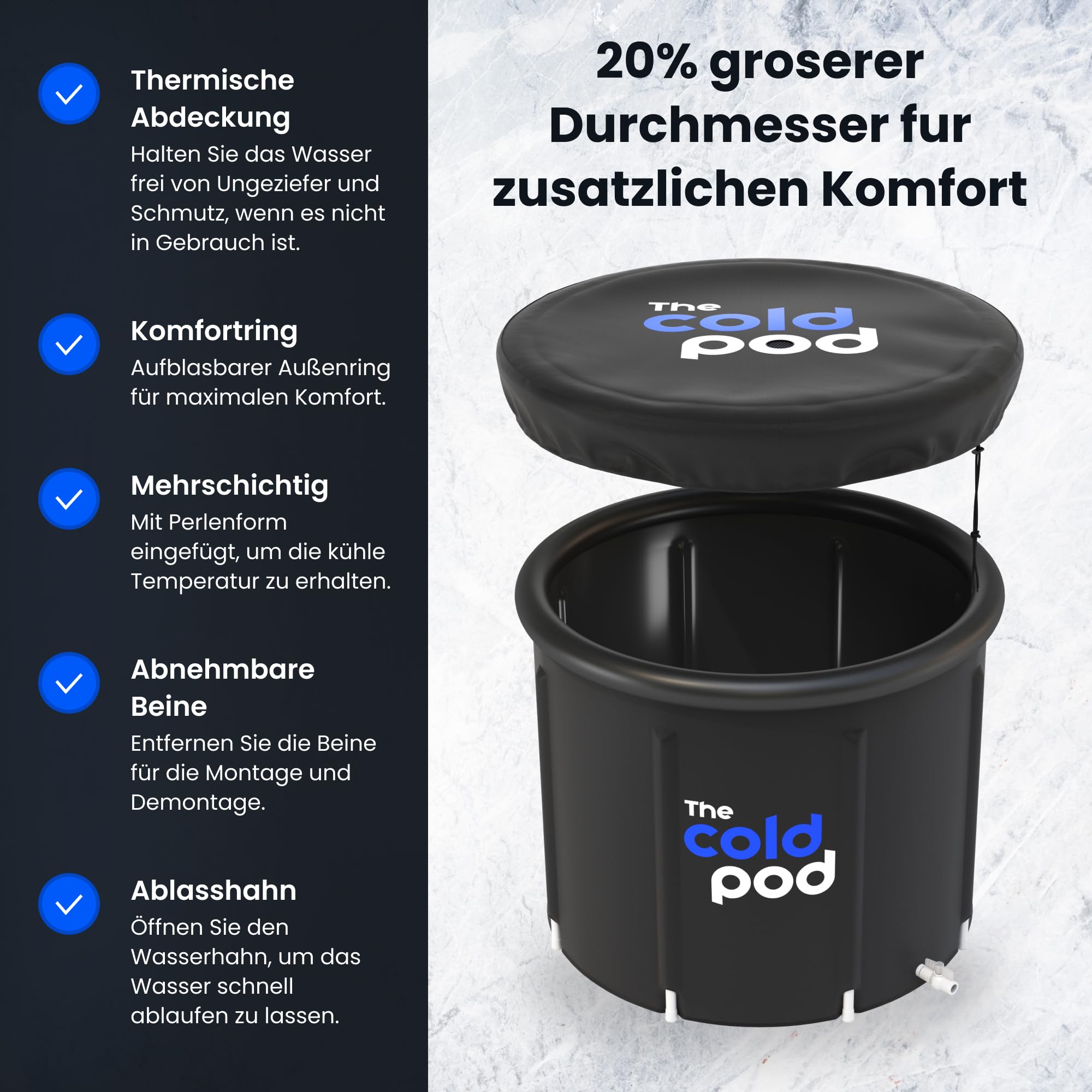 The Cold Pod - Bagnetta da bagno gonfiabile per atleti con coperchio, portatile, per crioterapia, gonfiabile, per interni ed esterni, per adulti (90 cm)