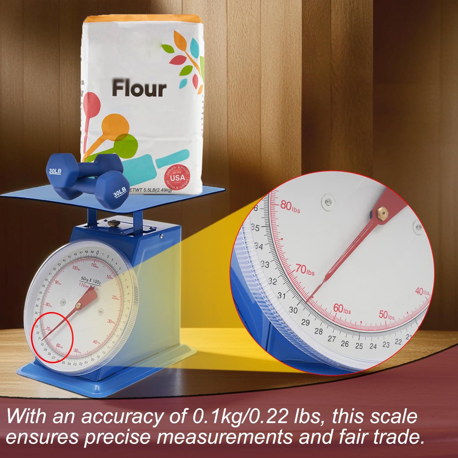 110-Lbs Heavy Duty Mechanical Kitchen Scale, Food Scales with Iron Platform for Kitchen, Industrial Dial Scale, with Accuracy of 0.1kg/0.22 Lbs