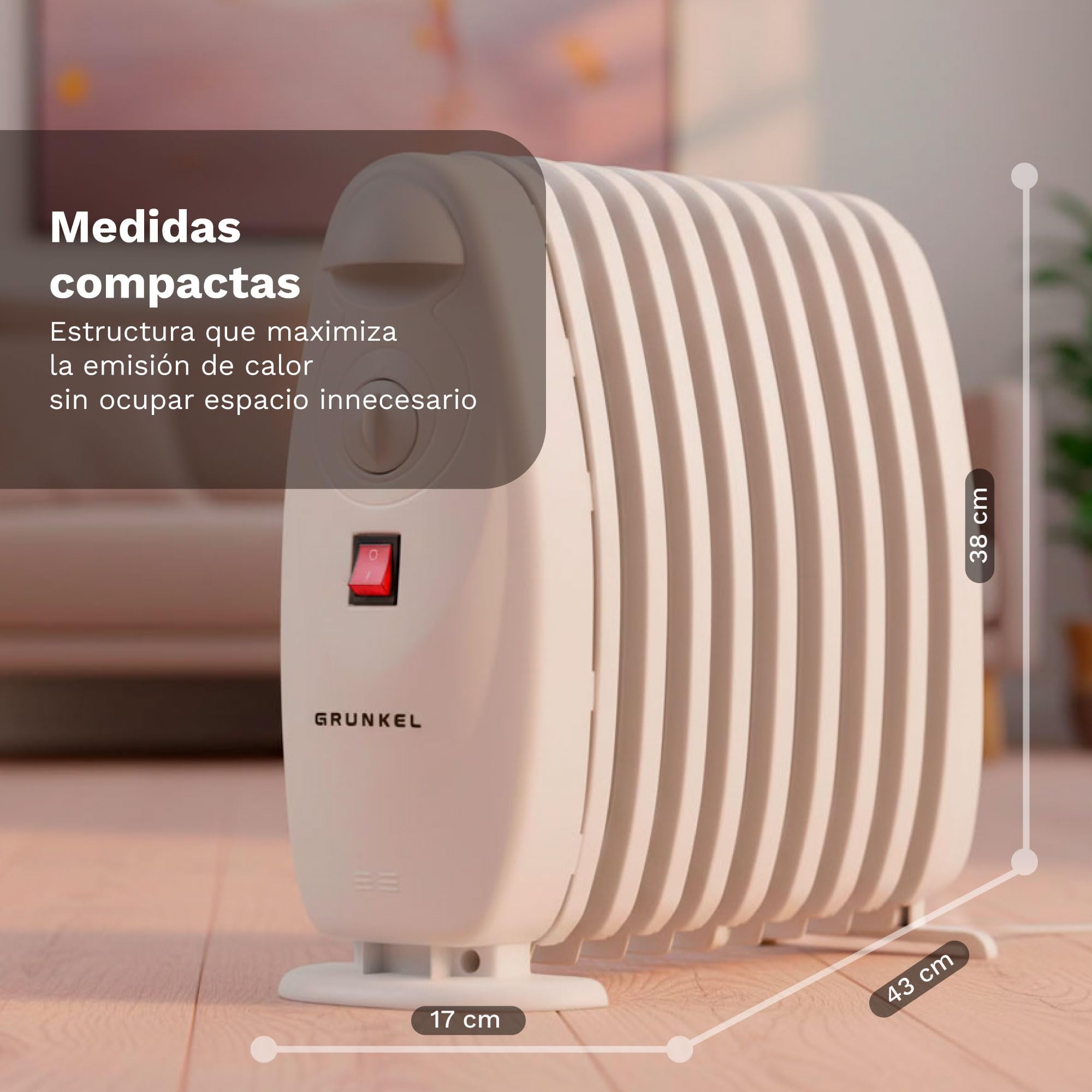 Grunkel - Radiador de Aceite de 7 elementos 800W RACP-80D Emisor de calor de bajo consumo 3 niveles de calor regulables, termostato y sistema de protección sobrecalentamiento.