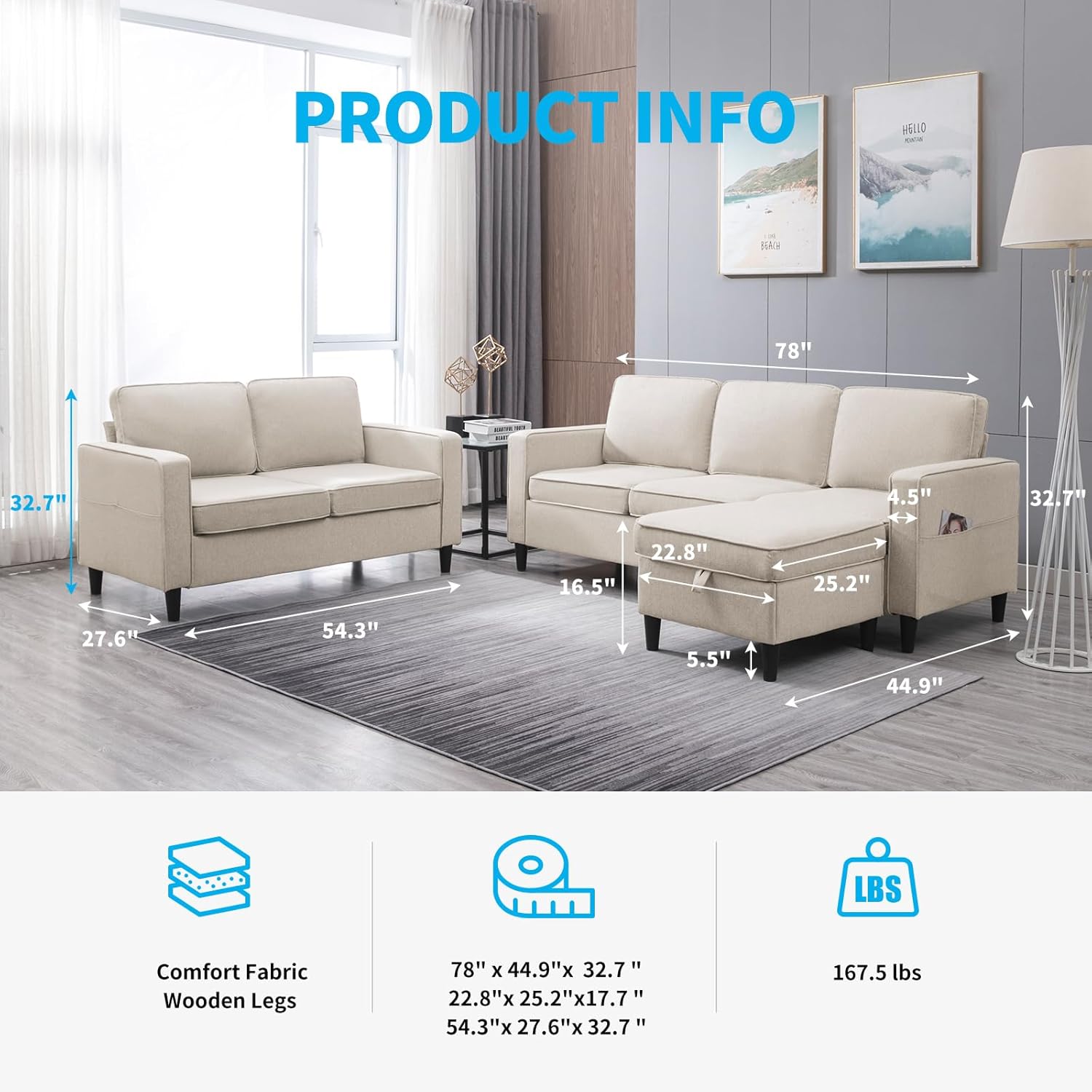 Mjkone 3 PCS Living Room Furniture Set, Modern Linen Sofa Set with Side Pockets, Convertible Sectional Couch with Storage Ottoman, L Shaped Couch + Loveseat Sofa Set for Apartment, Beige