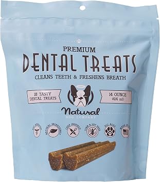 Natural Dog Company Dental Chews for Dogs Freshens Breath & Helps Reduce Plaque & Tartar, Natural No-Brushing Oral Care Treats, Vet Formulated, Made in USA, 18 Count
