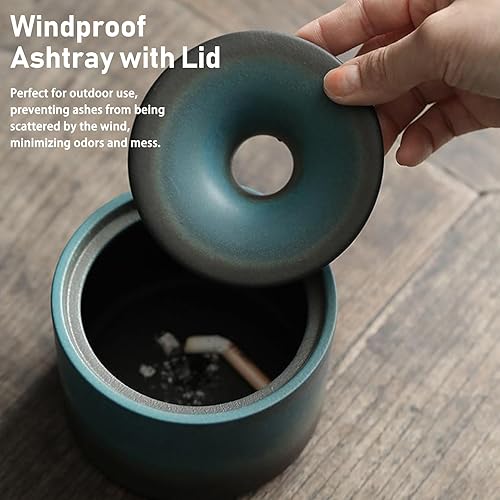 Miniatura 4 de Cenicero de cerámica con tapas Cenicero de cigarrillos resistente al viento para patio al aire libre, ceniceros de cigarros para hombres, bandeja de