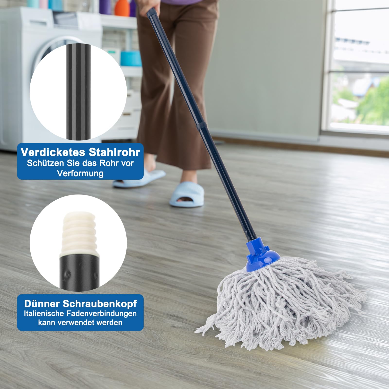 KeFanta Balai-serpillère avec 2 têtes de Rechange en Coton, Manche en métal de 144 cm et Recharge ; Balai-serpillère Efficace pour Un Usage Domestique, de Bureau et Commercial.
