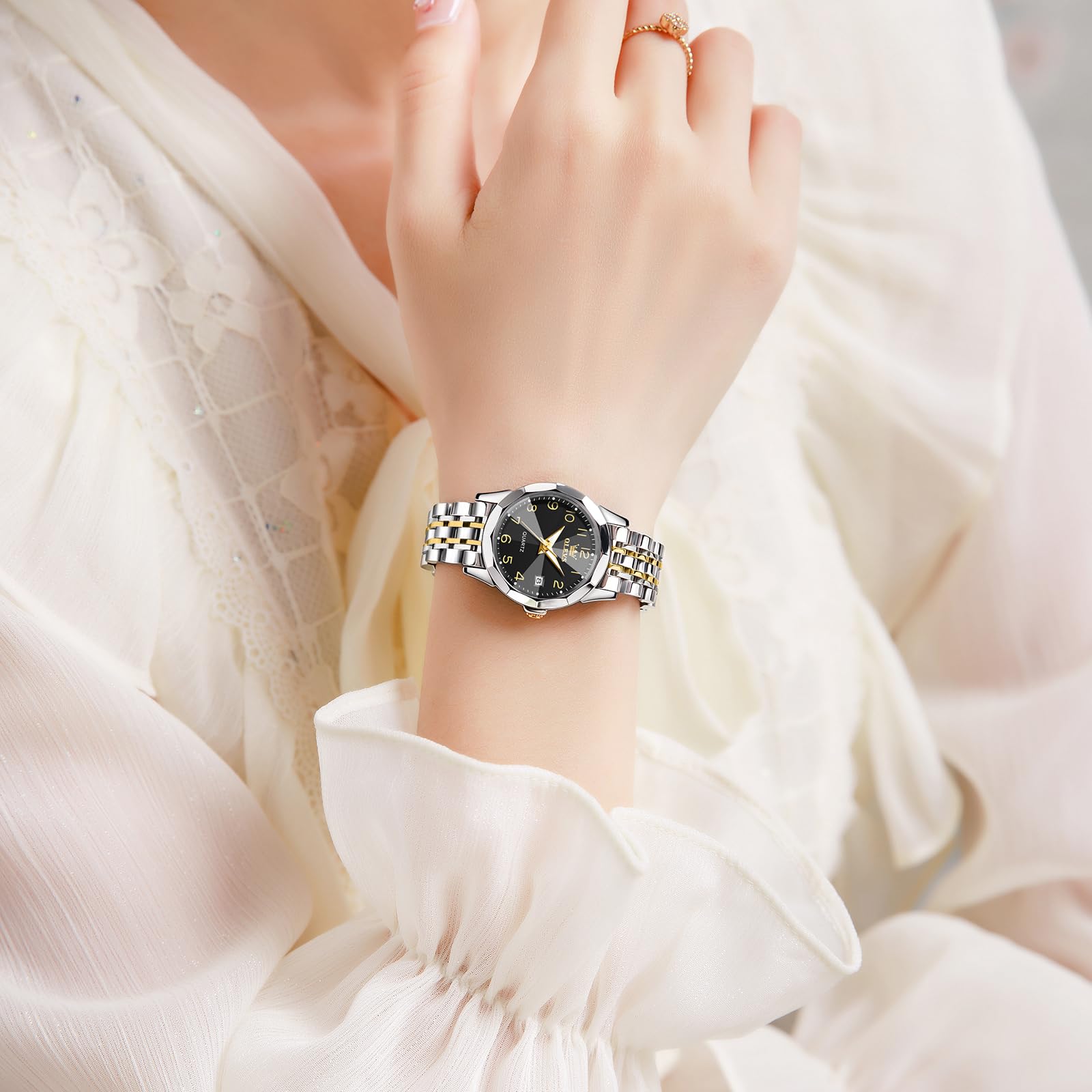 OLEVS Reloj de pulsera para mujer, correa de acero inoxidable, moderno, analógico, cuarzo, números arábigos, fácil de leer, luminoso, resistente al agua, con esfera pequeña y fecha