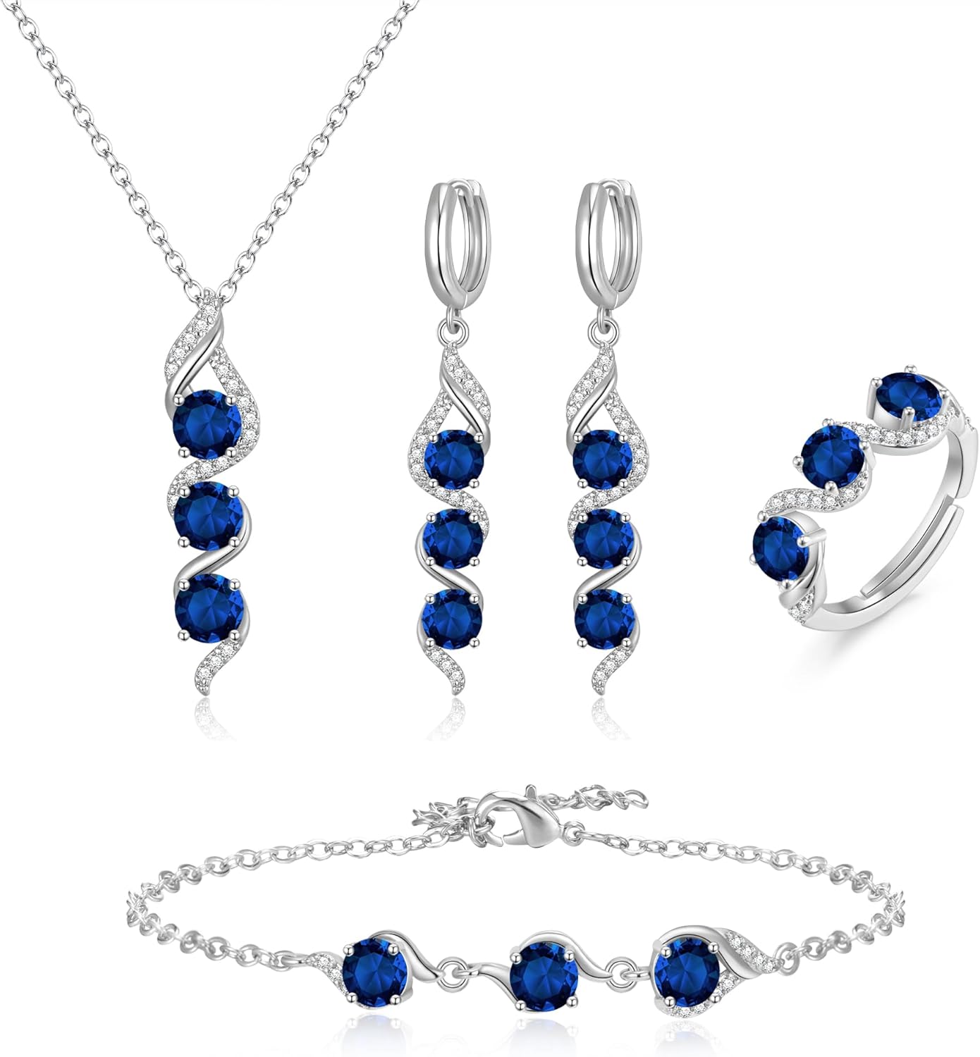 Crysdue Wedding Bridal Teardrop CZ Pendant Necklace Open Ring Dangle Earrings Adjustable Slider Bracelet Jewelry Set, Birthday Mothers Day Christmas Jewellery Gift for Women/Mom/Wife