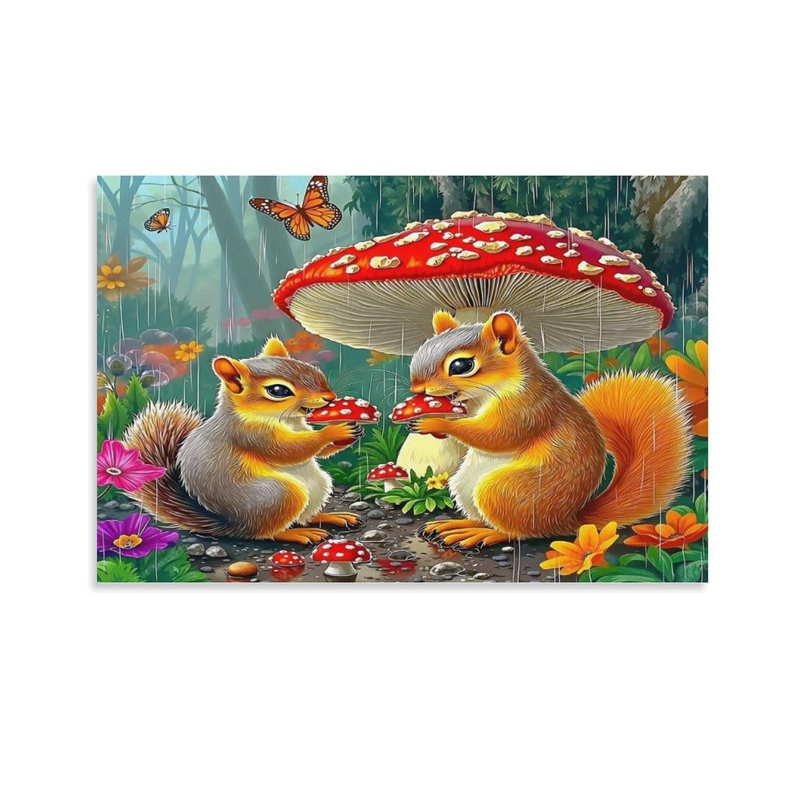 CPLVKWRQJ Squirrels Under Mushroom Single Squirrels Eat Mushrooms Under Giant Cap Canvas Artwork - Nursery Canvas Wall Hanging Space Saving Ready to Hang Decor 24x36inch(60x90cm)