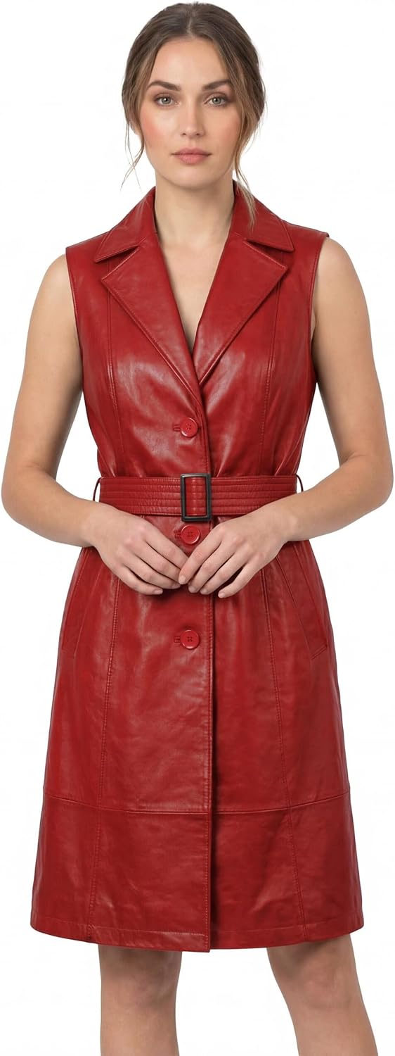 J'JACKIN Women's Belted Leather Dress Coat - Real Lambskin Leather Sleeveless Trench Coats for Women