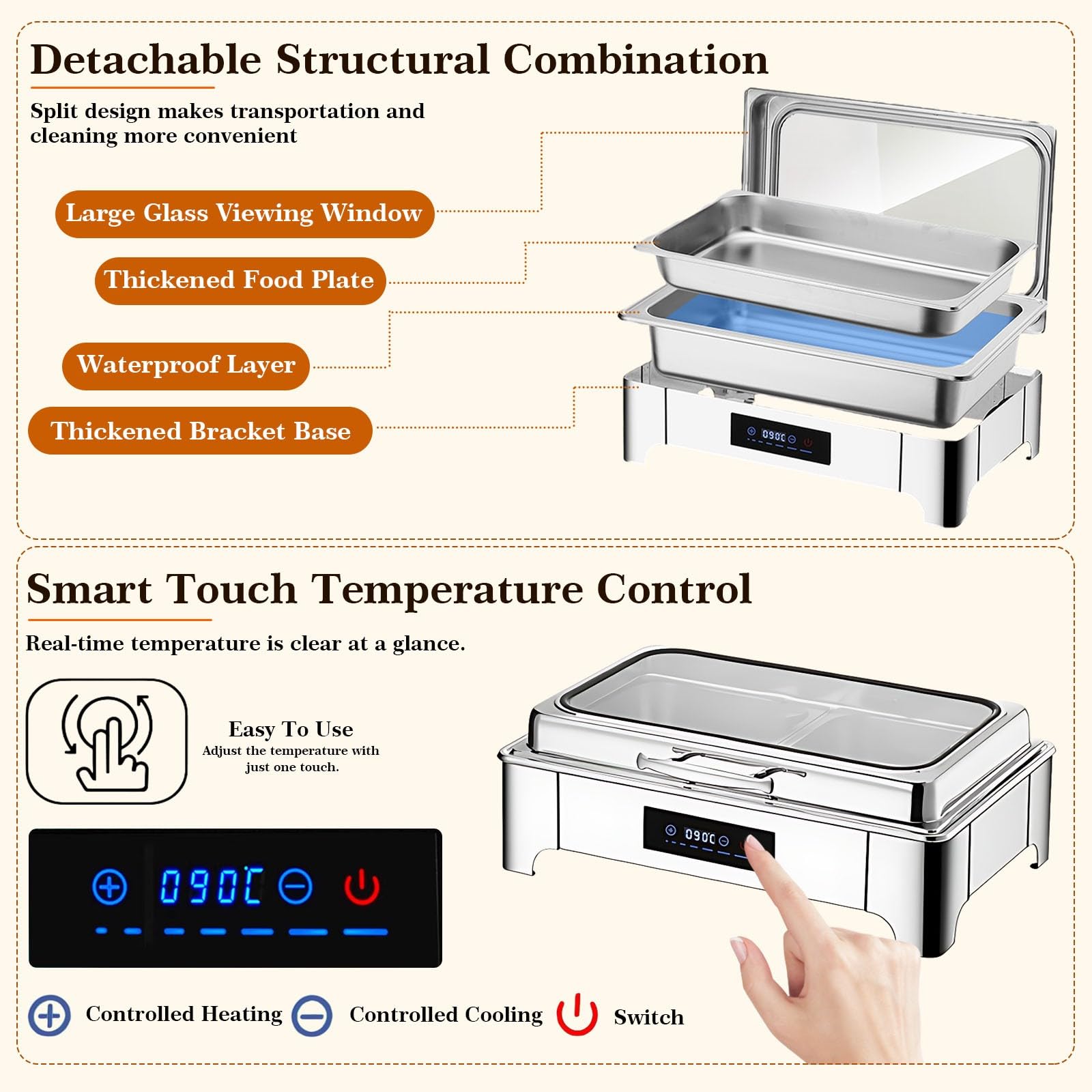 Chafing Dish Elettrico, 9L Scaldavivande Elettrico per Buffet Acciaio Inox, Chafing Dish Buffet Elettrico Temperatura Regolabile con Coperchio in Vetro Trasparente per Buffet(B, 1/3 Pan)