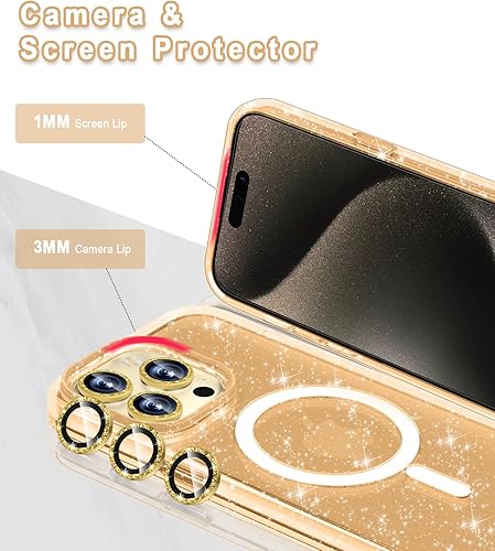 Miniatura 4 de Funda magnética brillante para iPhone 15 Pro Max compatible con MagSafe, 2 protectores de pantalla y 2 protectores de lente de cámara de diamante,
