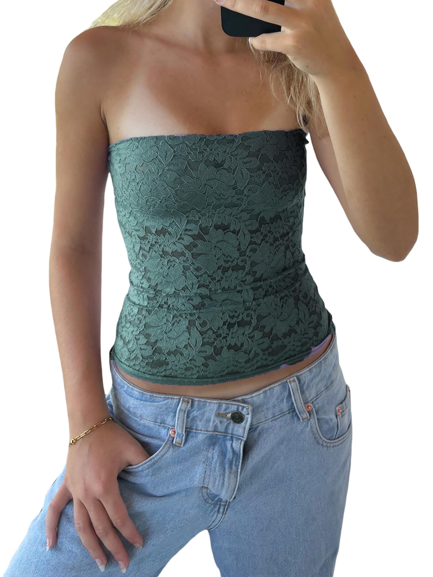 Women Lace Floral Tube Tops Strapless Sheer See Through Backless Shirts Bandeau Crop Tops Summer Vest Beachwear Party Clubwear (Army Green, S)