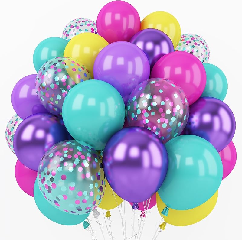 Pink Blue Purple Balloon, 60 Pcs 12 Inches Hot Pink Metallic Purple Teal Yellow Balloons Confetti Balloons for Kids Magic Theme Birthday Decoration Baby Shower Girls Music Party Supplies