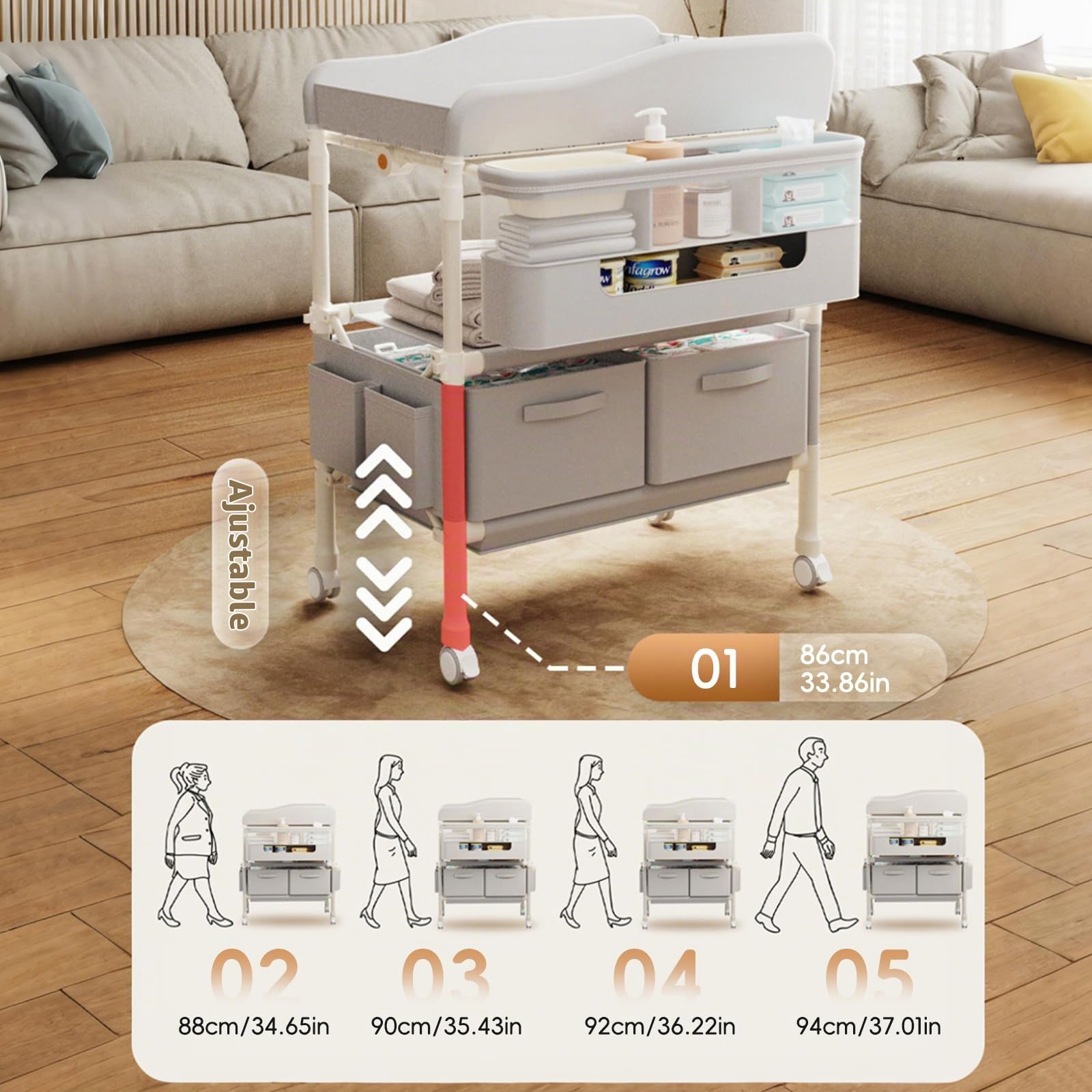 Cambiador Bebé, Cambiador bebe Plegable Portátil con Cesta Lateral, Altura Ajustable de 5 niveles, Ruedas Bloqueables, Organizador Multifuncional para Habitación Infantil, Carga 65kg (Gris)