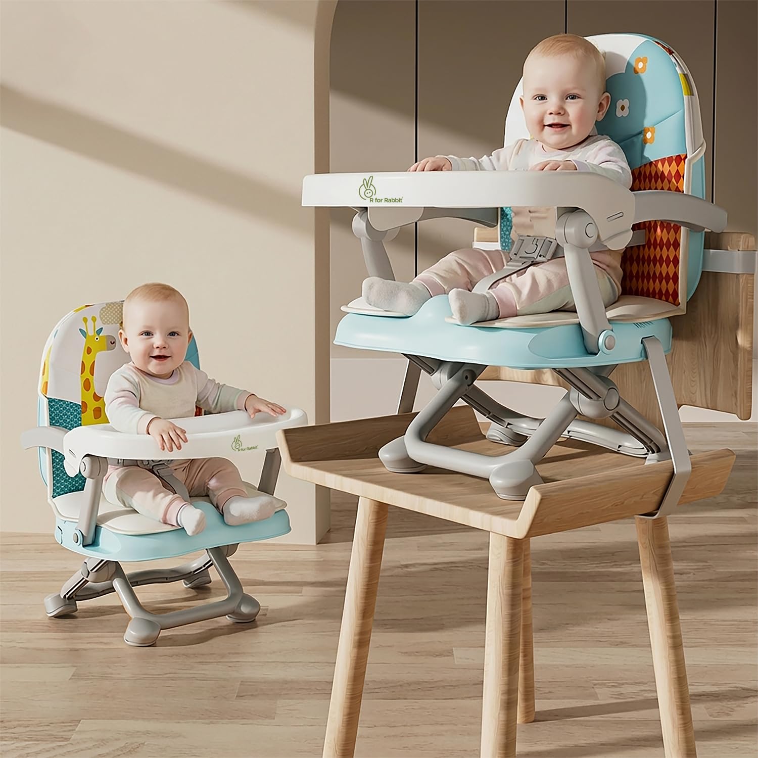 R for Rabbit Candy Pop Booster Chair for Baby | 2 in 1 Kids Feeding Chair with 4 Level Height Adjustment & 3 Point Safety Belt with Removable Dining Tray for Age 6 Months to 3 Years Infants (Aqua Blue)-image-45
